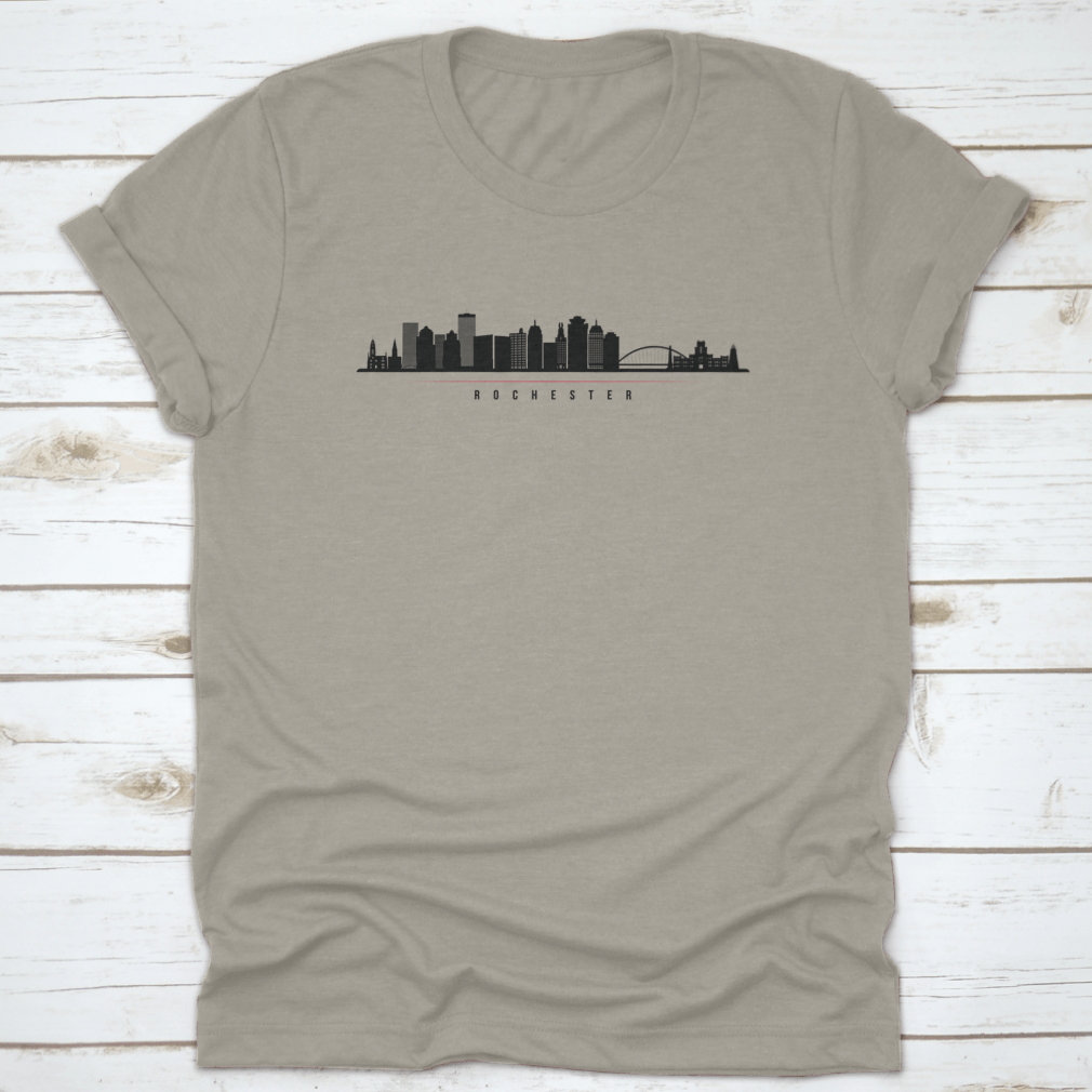 Panorama illustration of Rochester, New York skyline silhouette showcasing iconic buildings in a stylish design.