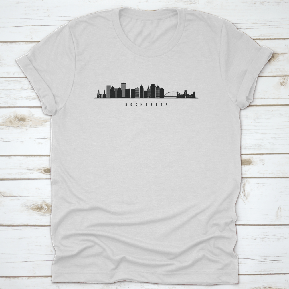 Panorama illustration of Rochester, New York skyline silhouette showcasing iconic buildings in a stylish design.
