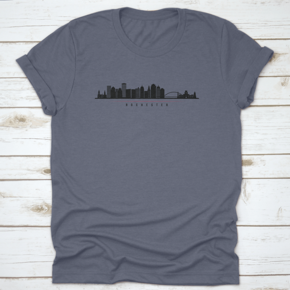 Panorama illustration of Rochester, New York skyline silhouette showcasing iconic buildings in a stylish design.