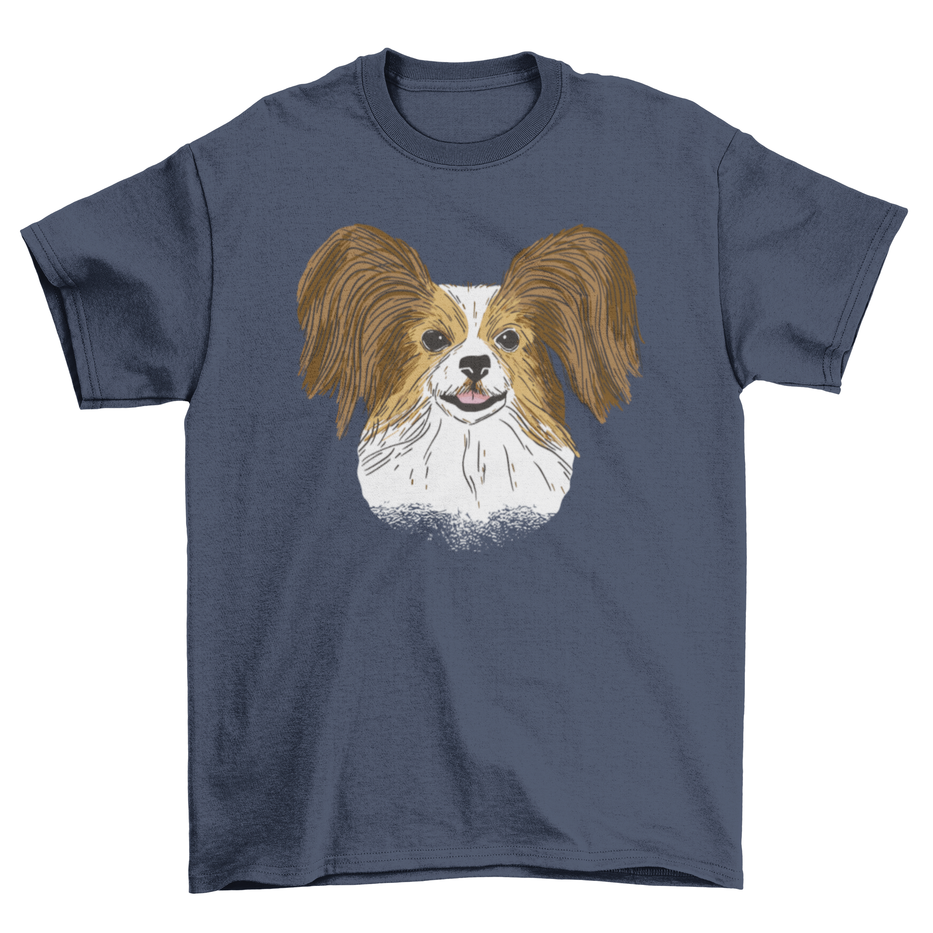 A stylish t-shirt featuring a hand-drawn Papillon dog design, showcasing its distinctive butterfly-like ears.