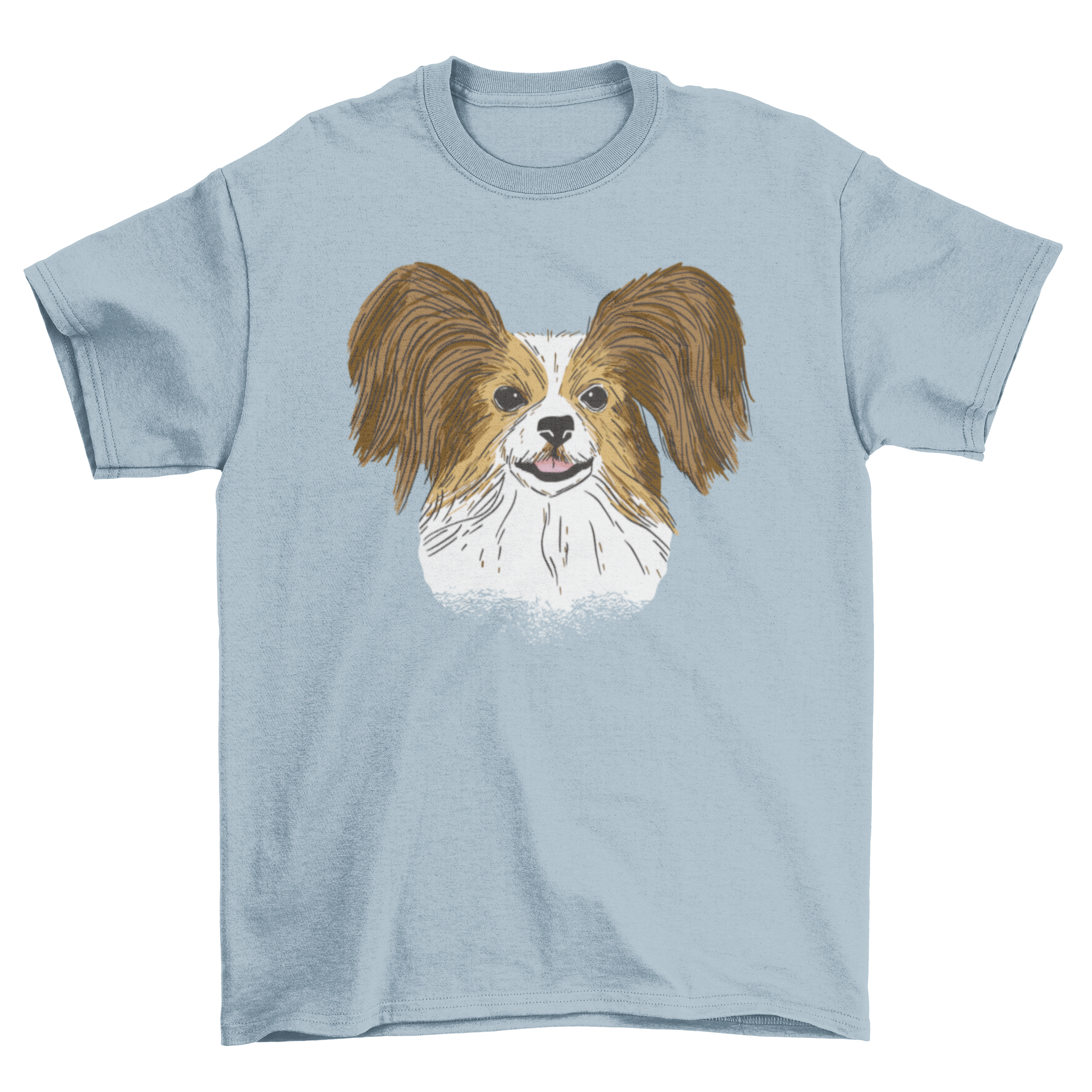 A stylish t-shirt featuring a hand-drawn Papillon dog design, showcasing its distinctive butterfly-like ears.