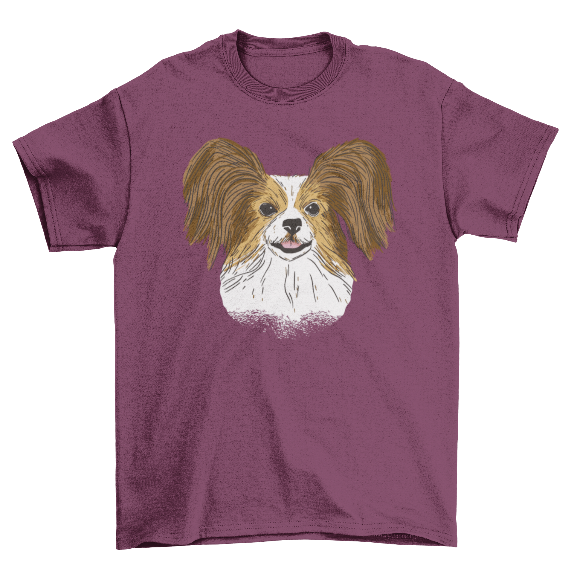 A stylish t-shirt featuring a hand-drawn Papillon dog design, showcasing its distinctive butterfly-like ears.