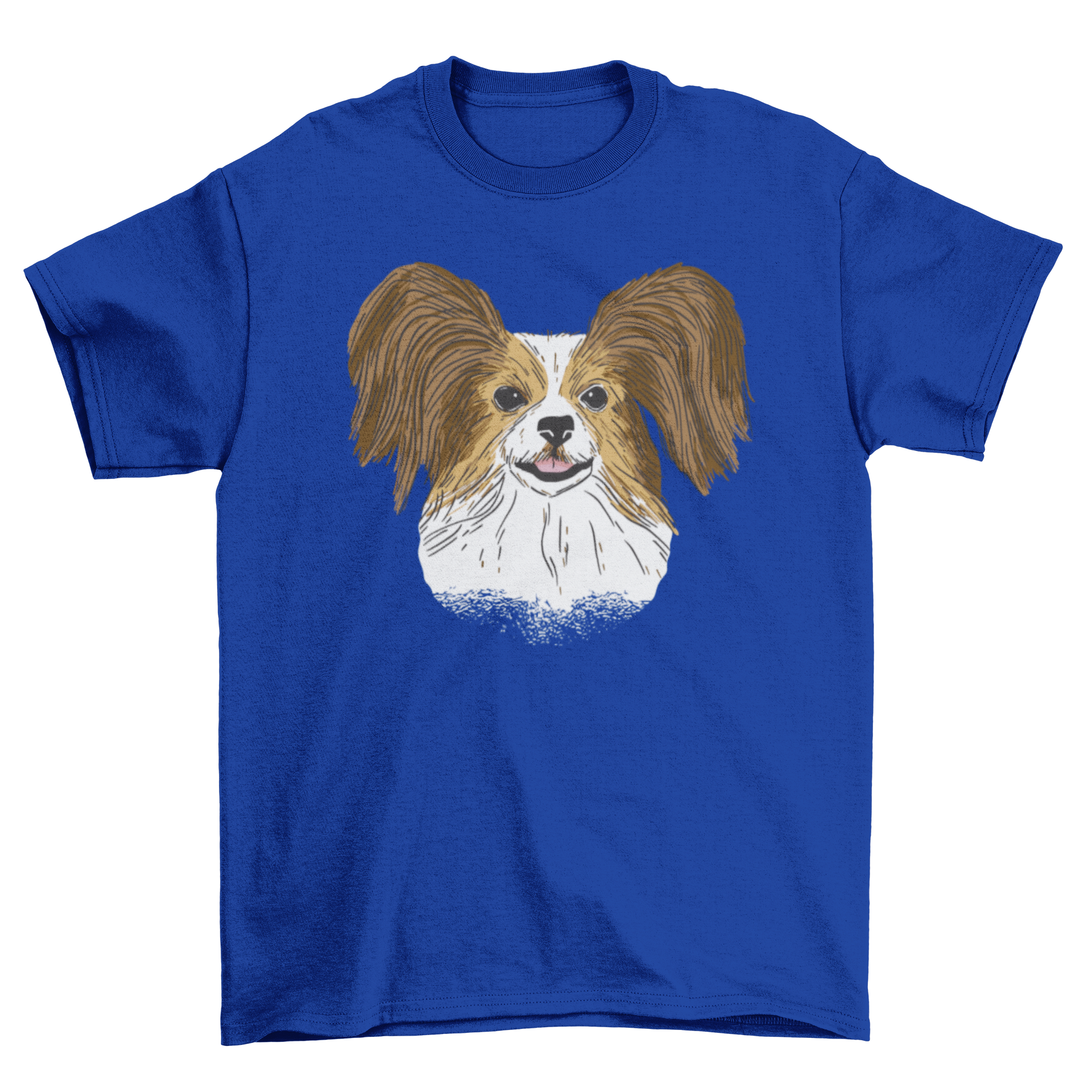 A stylish t-shirt featuring a hand-drawn Papillon dog design, showcasing its distinctive butterfly-like ears.