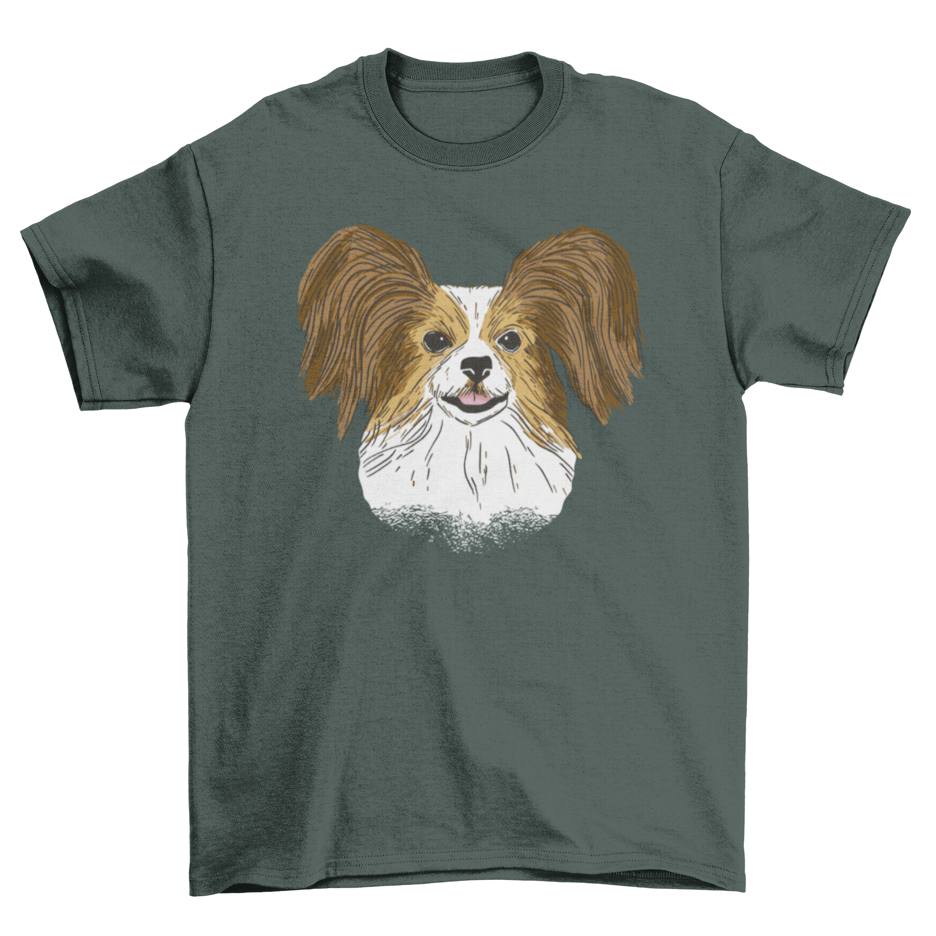 A stylish t-shirt featuring a hand-drawn Papillon dog design, showcasing its distinctive butterfly-like ears.