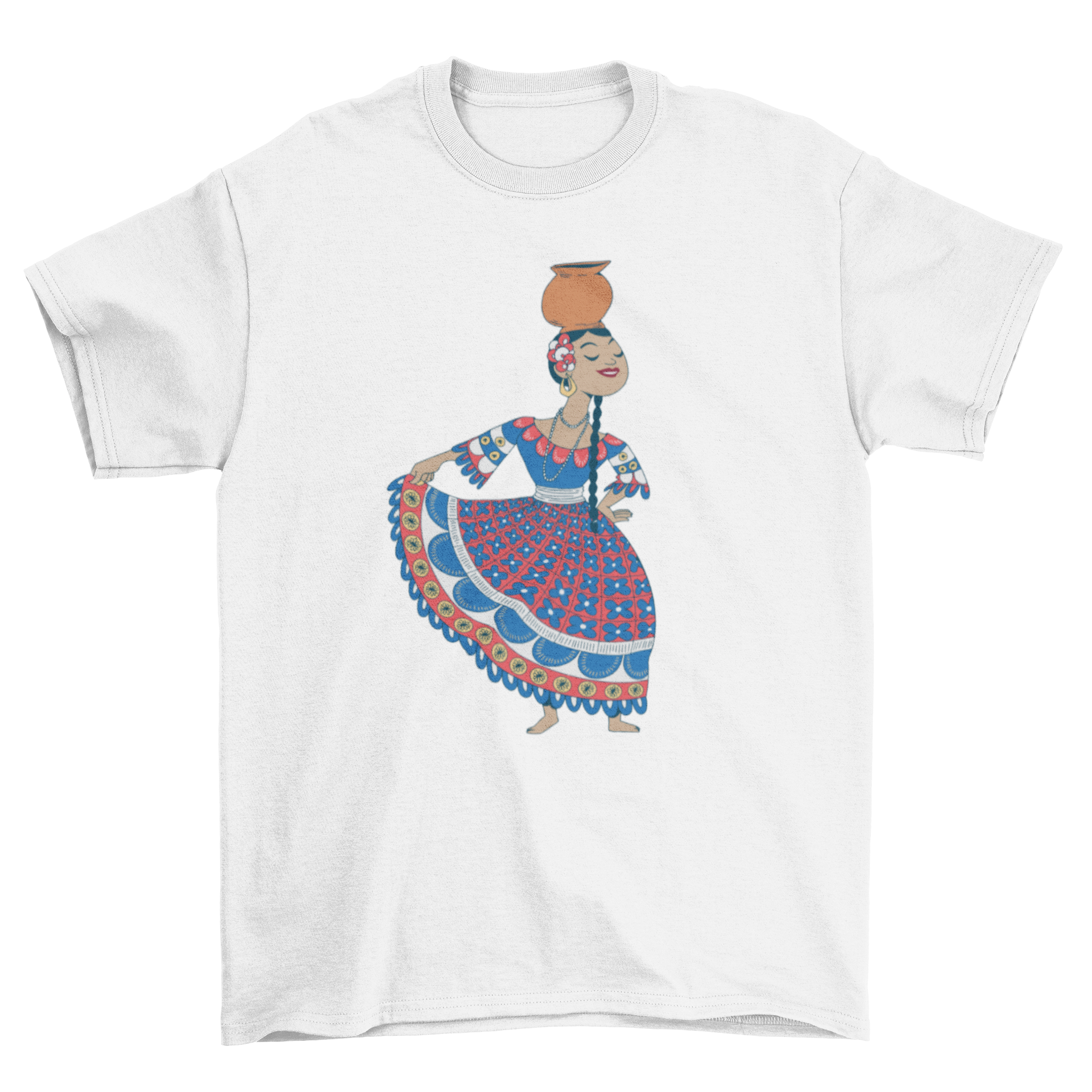 A vibrant t-shirt featuring a traditional Paraguayan dancer design, showcasing cultural heritage and artistry.