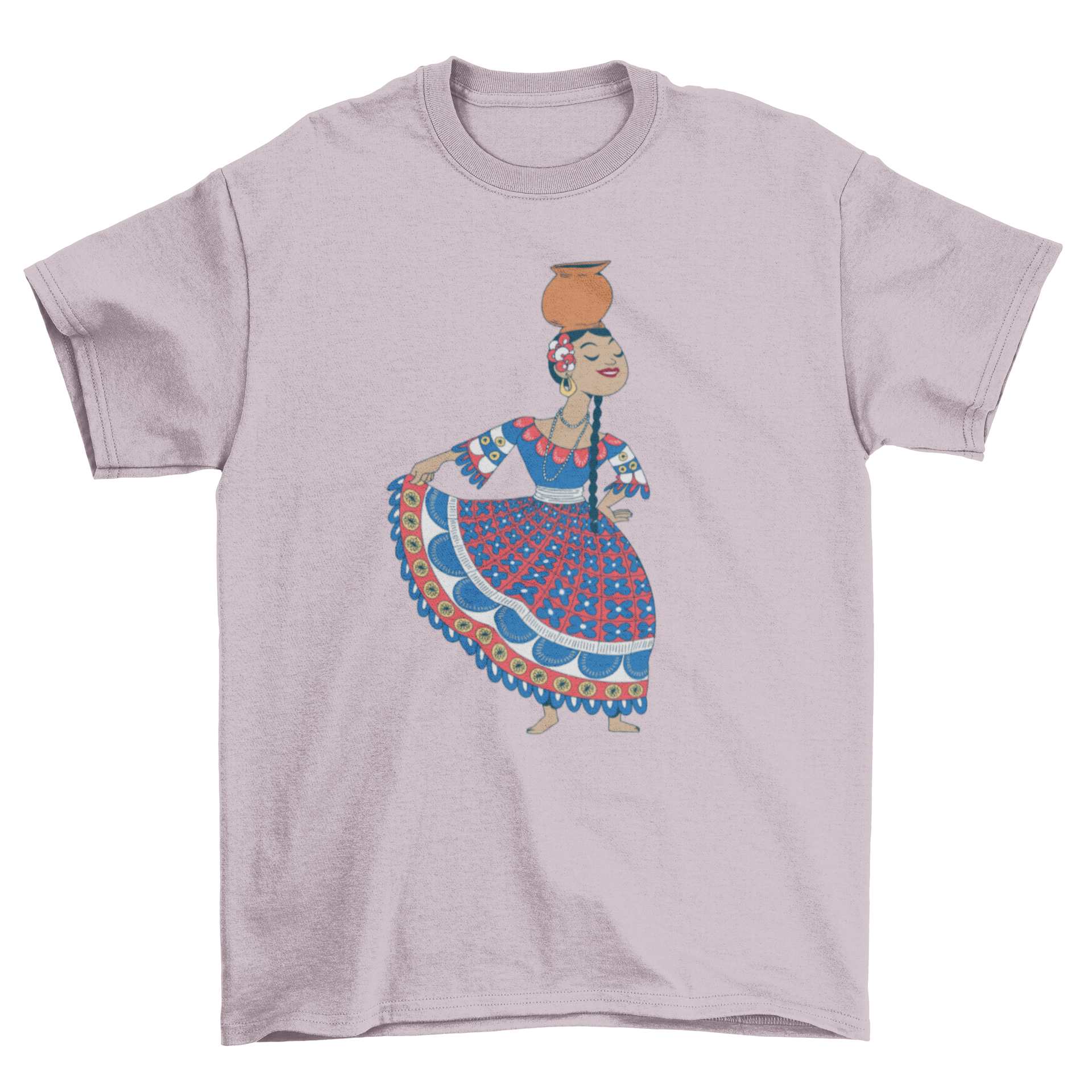 A vibrant t-shirt featuring a traditional Paraguayan dancer design, showcasing cultural heritage and artistry.