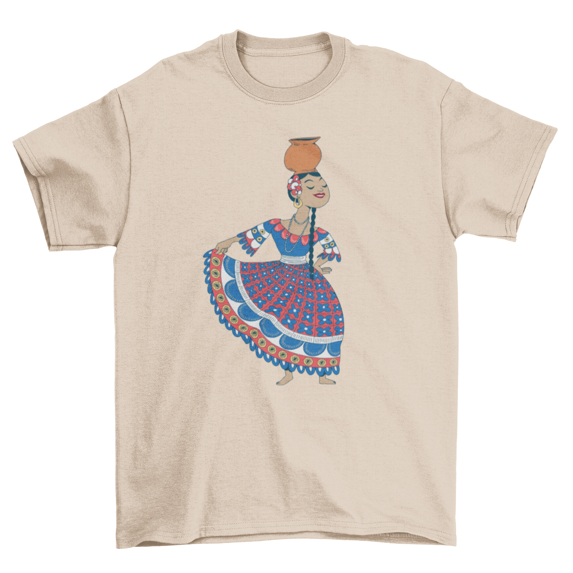 A vibrant t-shirt featuring a traditional Paraguayan dancer design, showcasing cultural heritage and artistry.