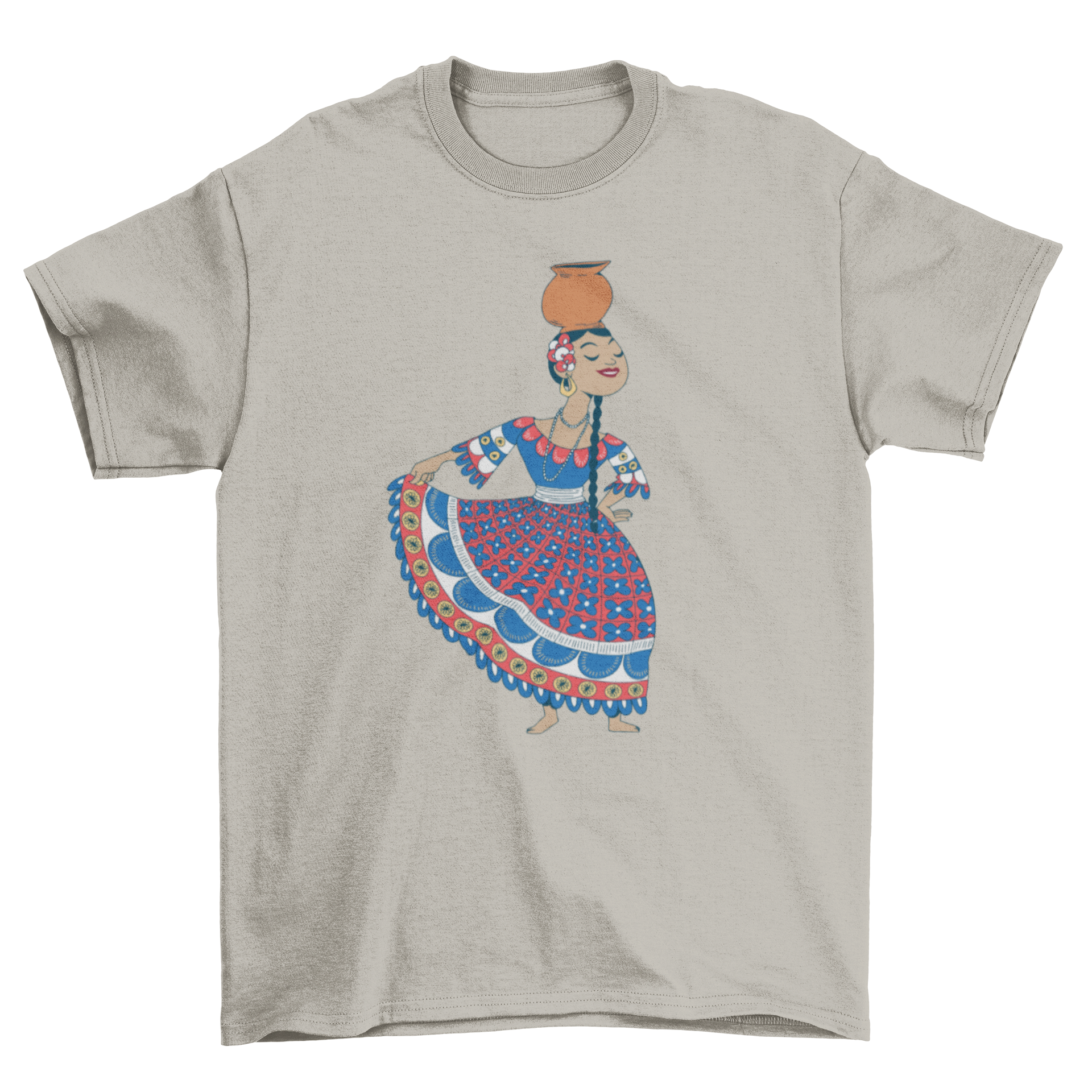 A vibrant t-shirt featuring a traditional Paraguayan dancer design, showcasing cultural heritage and artistry.