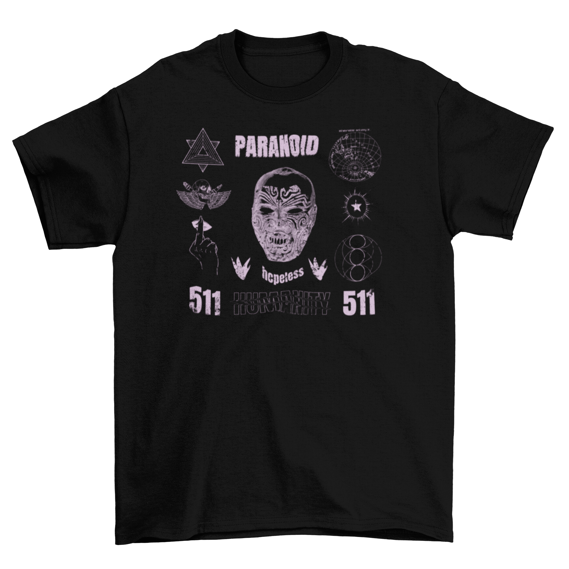 A stylish t-shirt featuring a tattooed face design with grunge elements and the quote 'Paranoid, hopeless'.
