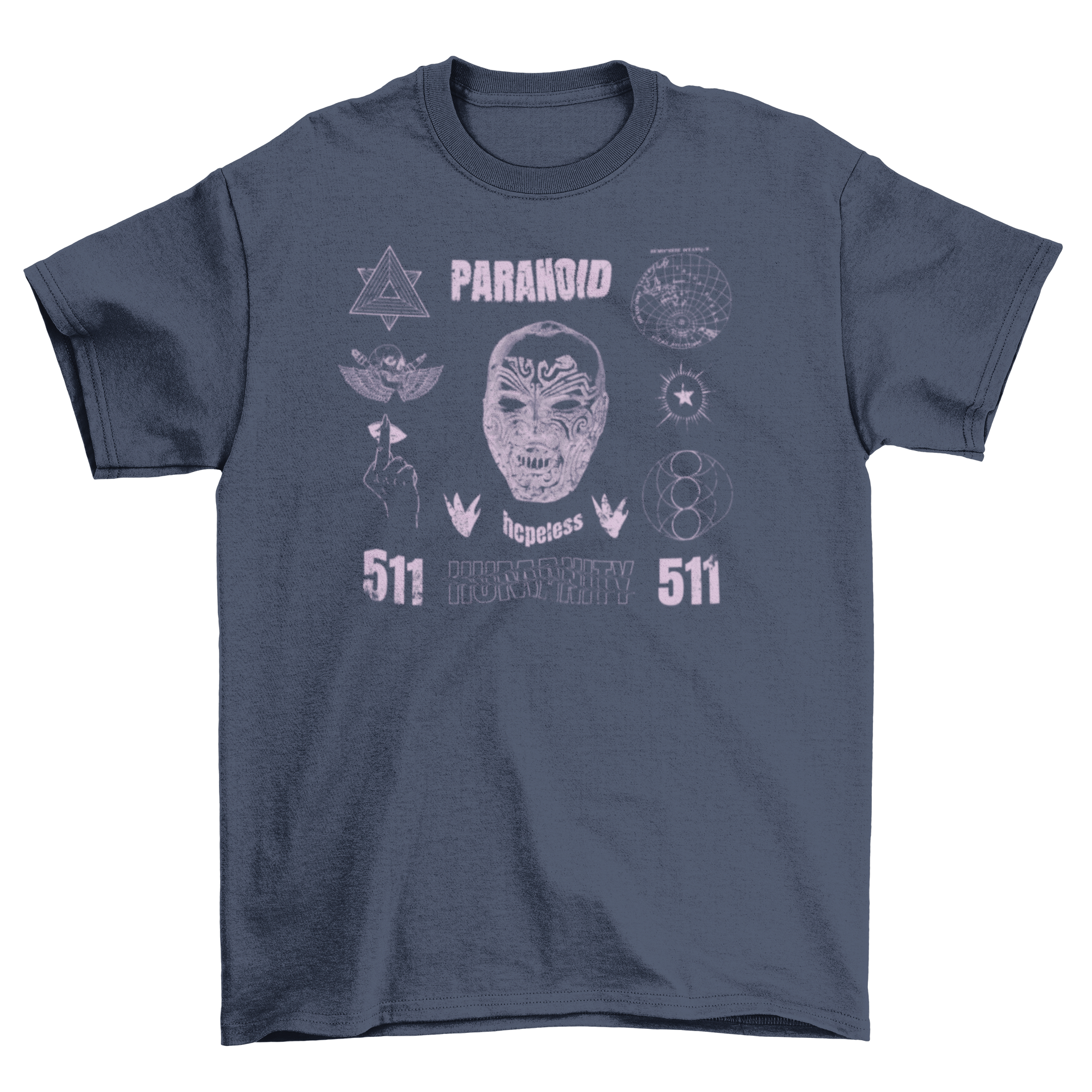 A stylish t-shirt featuring a tattooed face design with grunge elements and the quote 'Paranoid, hopeless'.