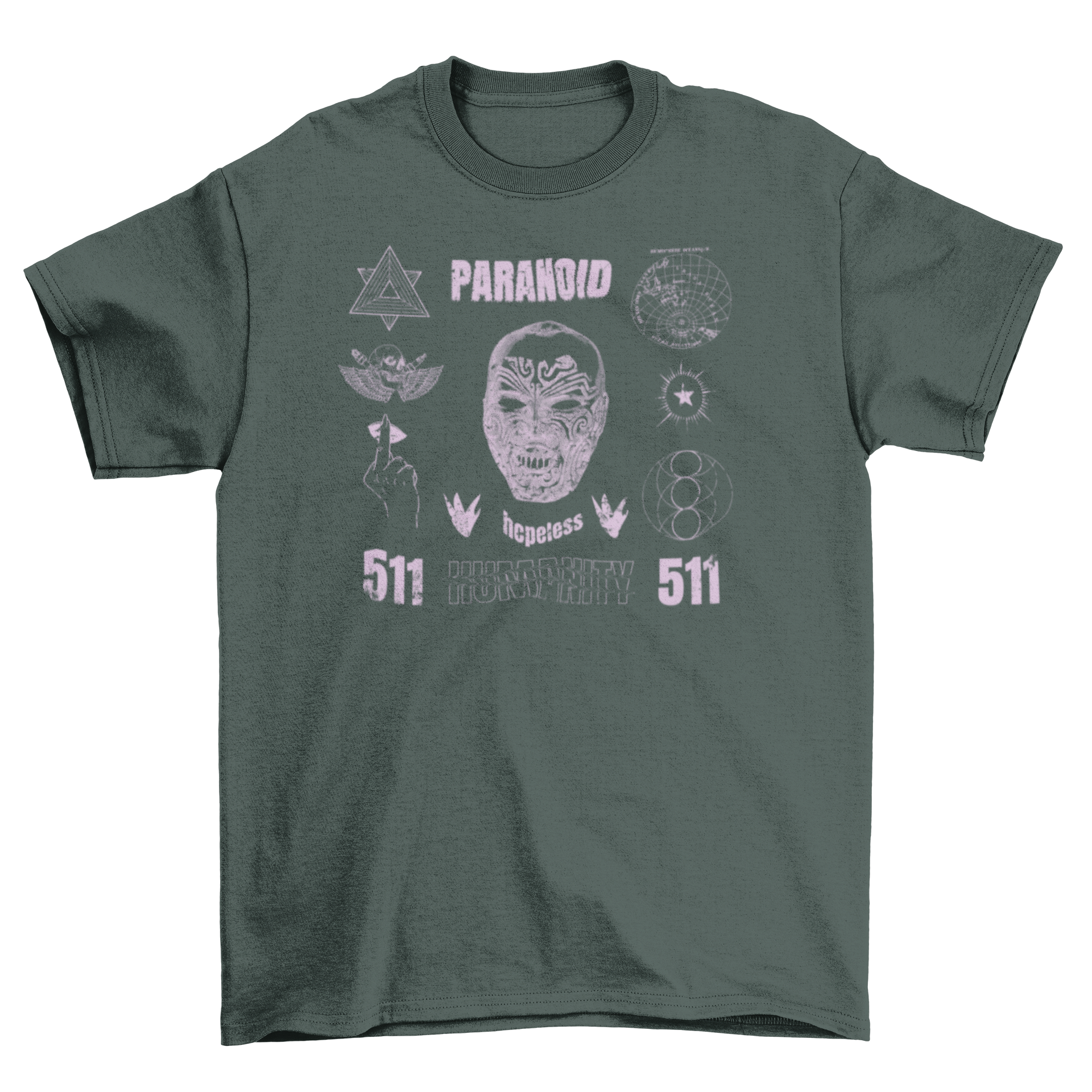 A stylish t-shirt featuring a tattooed face design with grunge elements and the quote 'Paranoid, hopeless'.