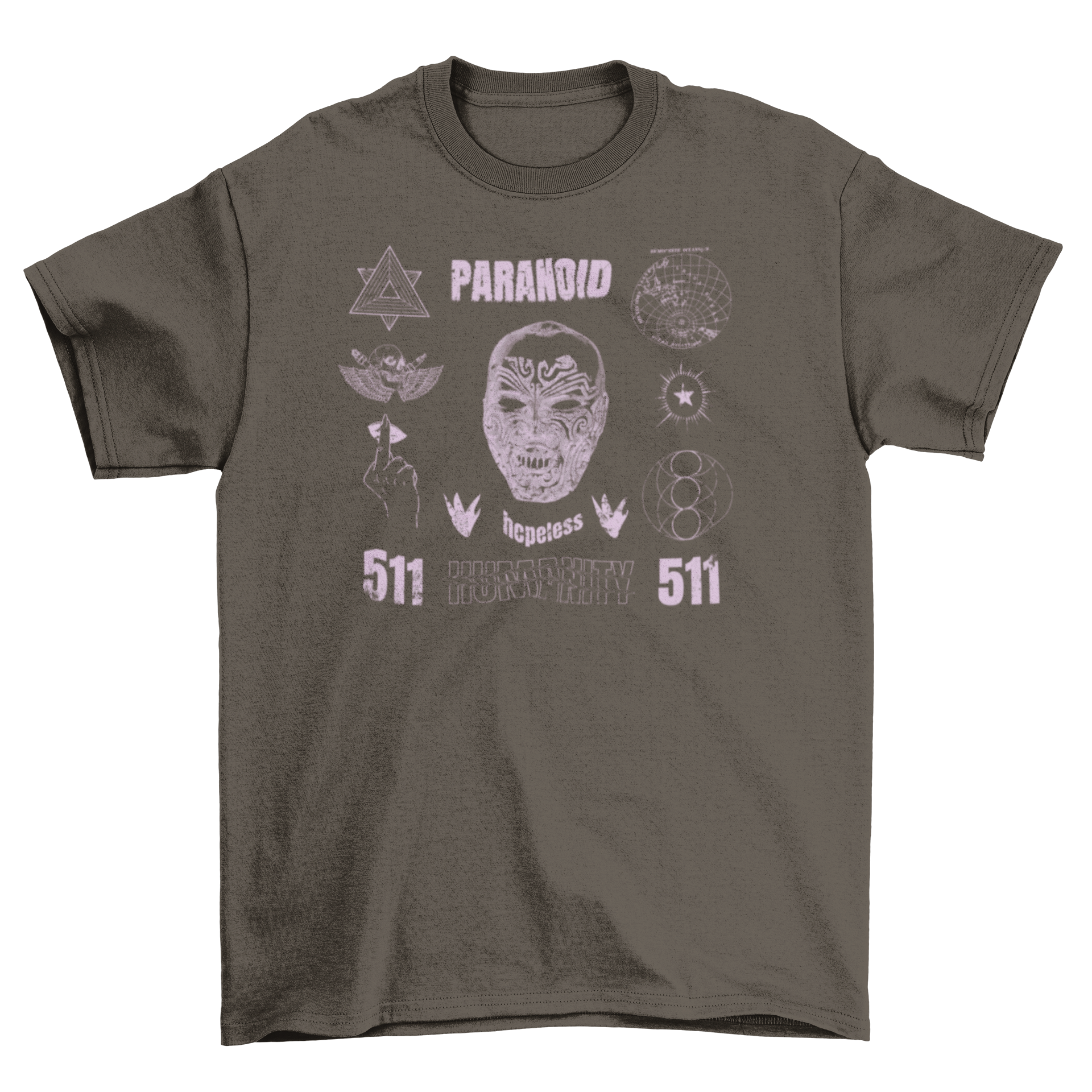 A stylish t-shirt featuring a tattooed face design with grunge elements and the quote 'Paranoid, hopeless'.