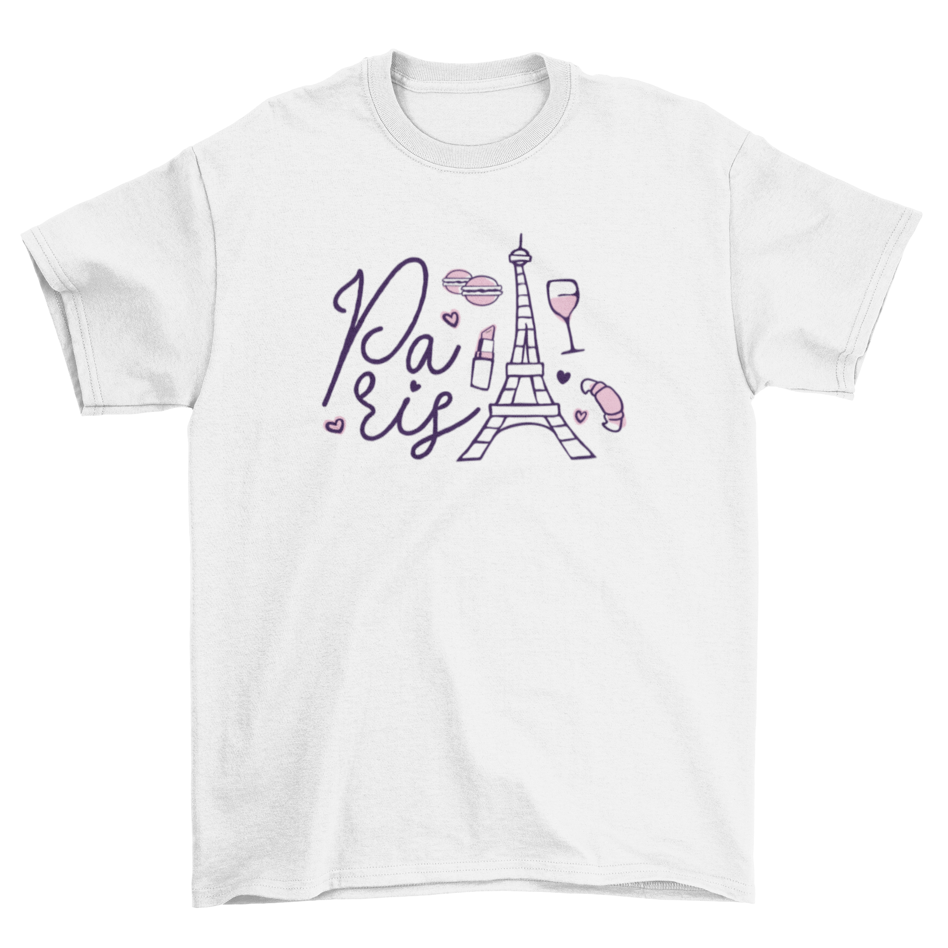 A stylish T-shirt featuring the word 'PARIS' in bold lettering with illustrations of iconic French elements.