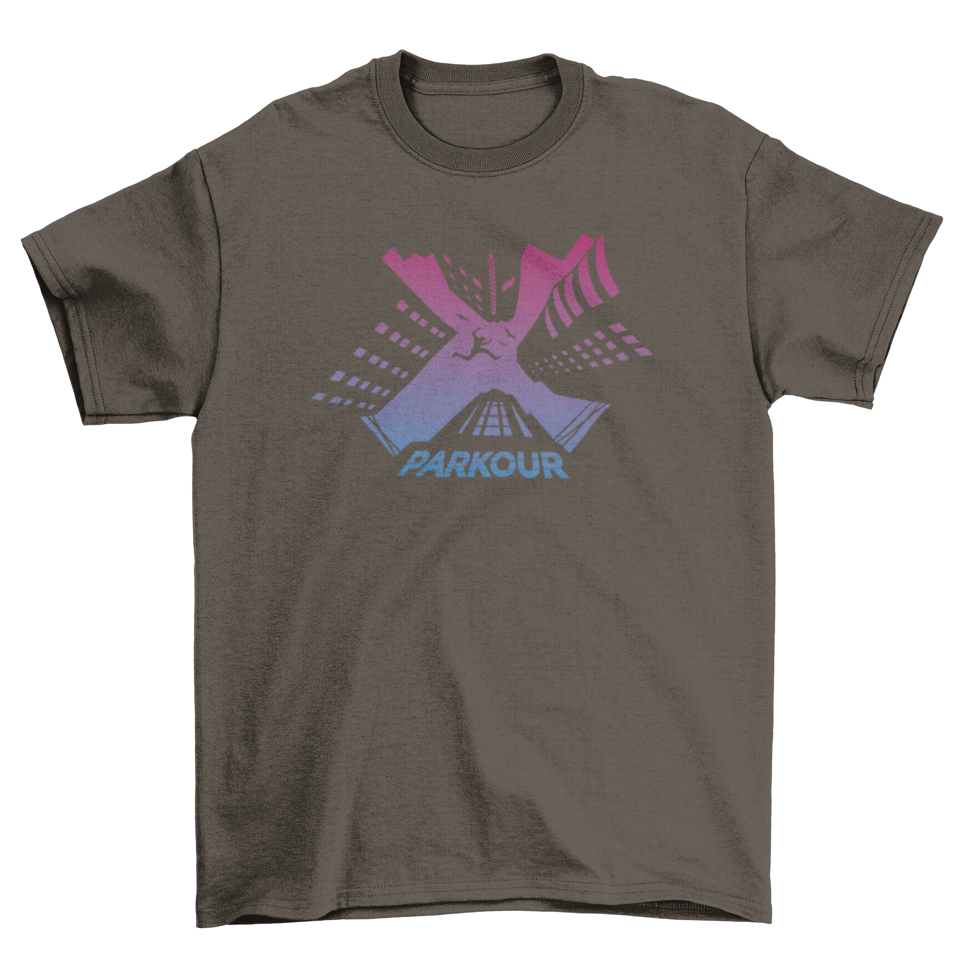 A stylish Parkour traceur t-shirt featuring a dynamic design of a traceur jumping between buildings.