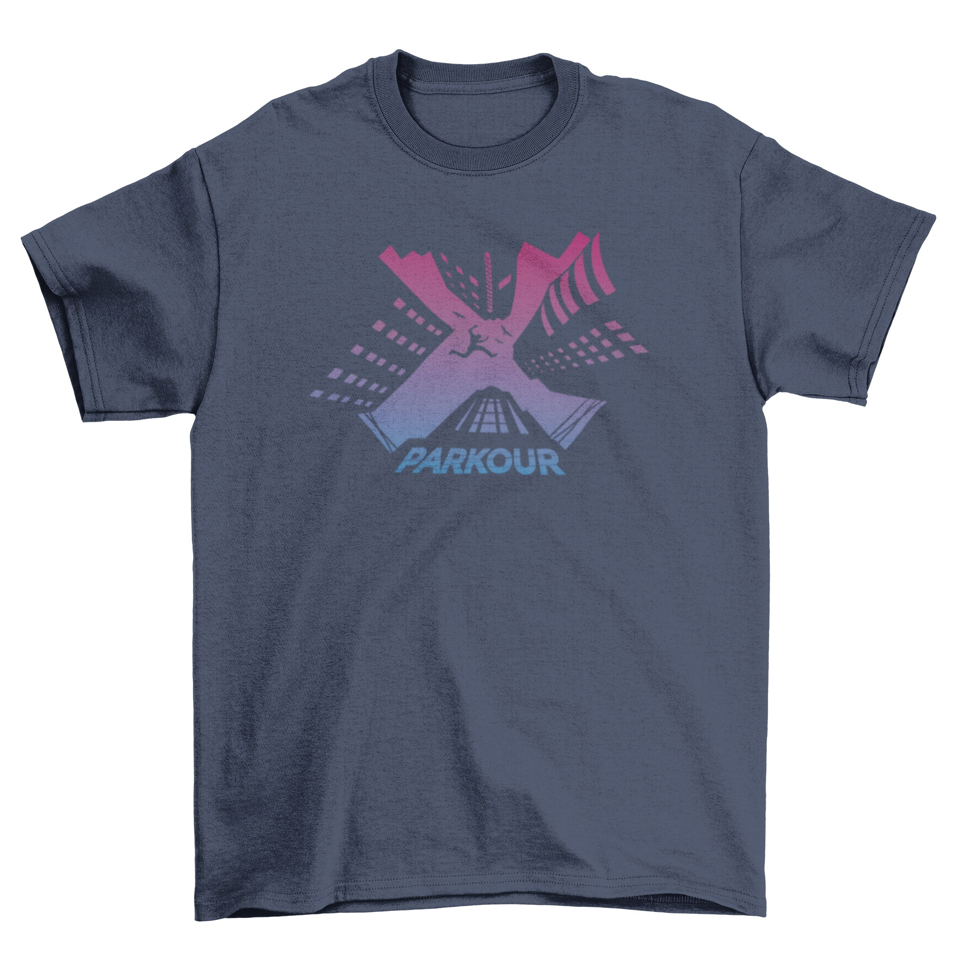A stylish Parkour traceur t-shirt featuring a dynamic design of a traceur jumping between buildings.