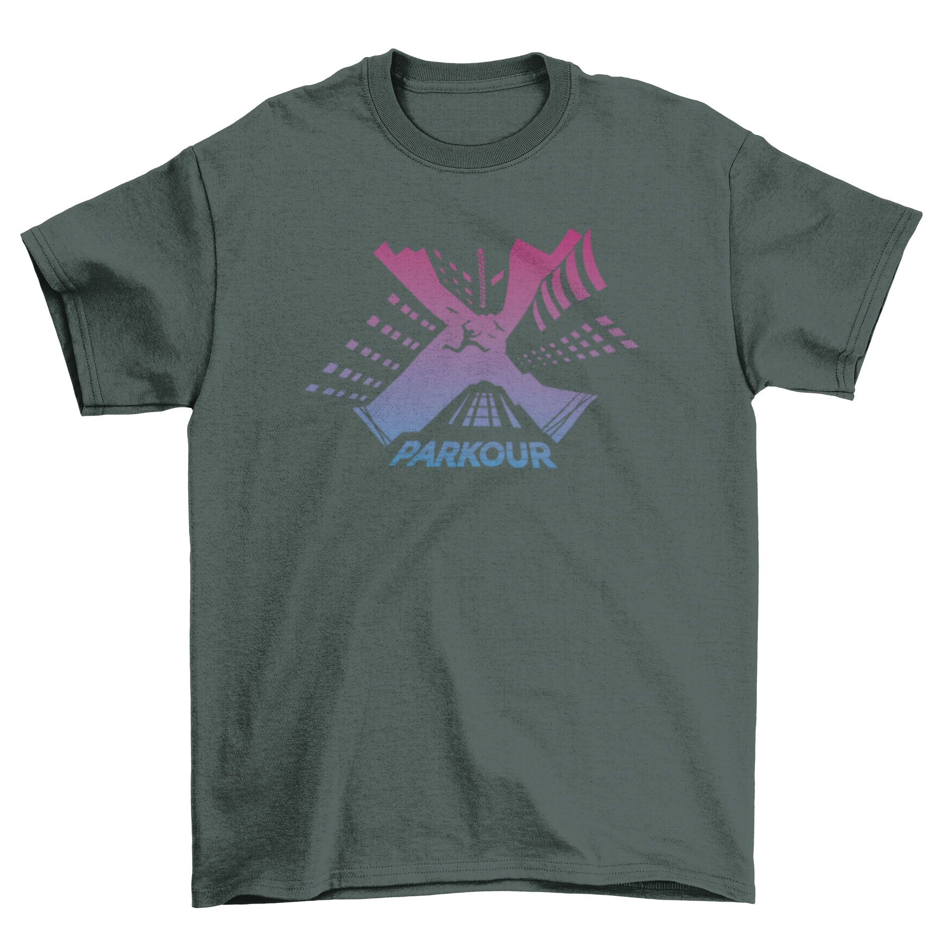 A stylish Parkour traceur t-shirt featuring a dynamic design of a traceur jumping between buildings.