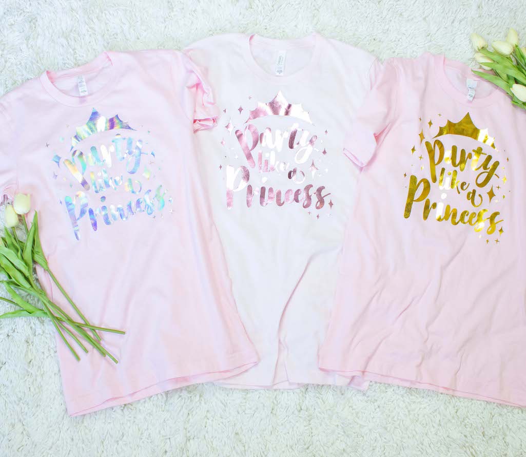 Party Like a Princess Shiny Foil T-Shirt in various colors, perfect for Disney trips and celebrations.