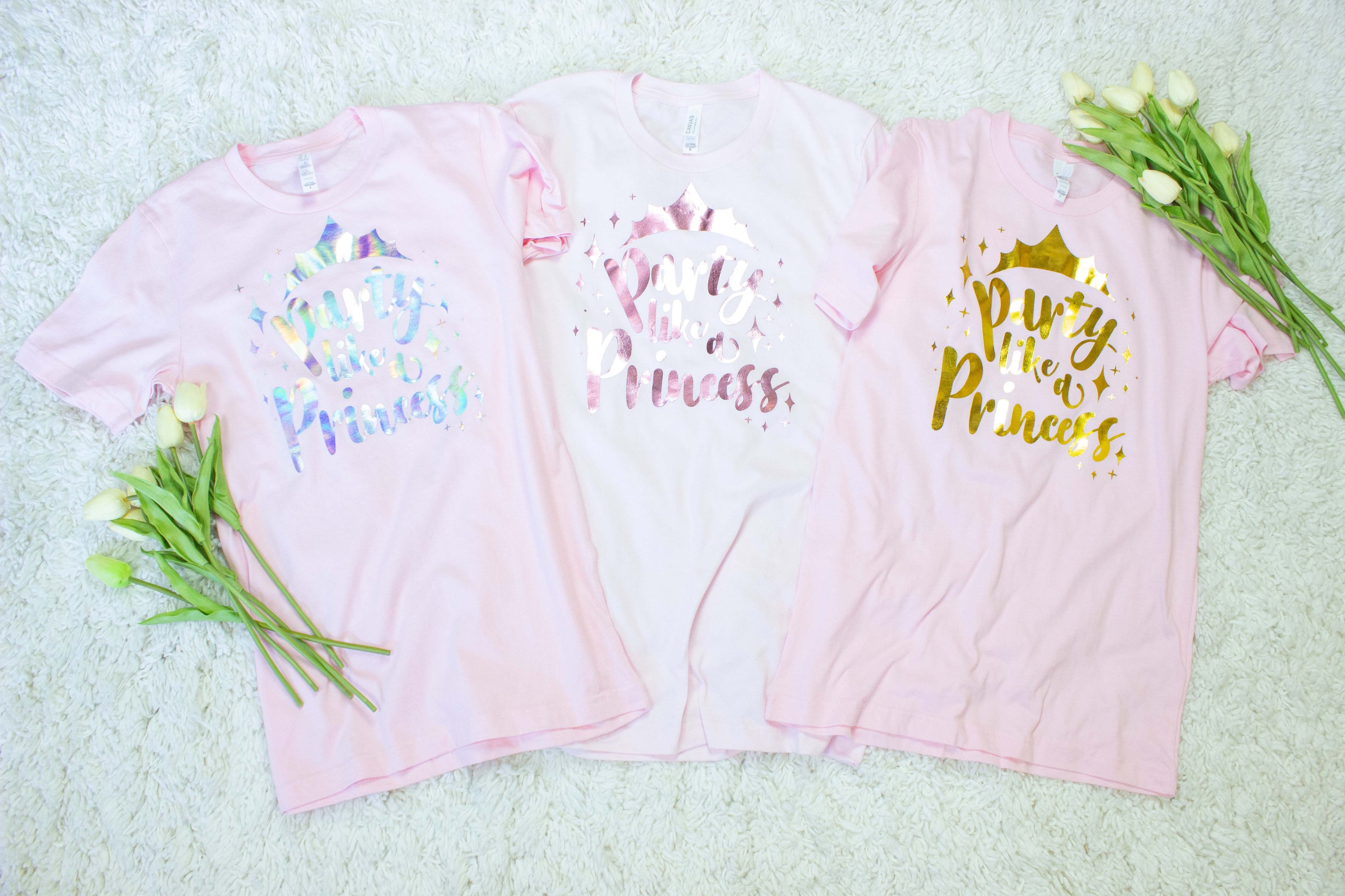 Party Like a Princess Shiny Foil T-Shirt in various colors, perfect for Disney trips and celebrations.