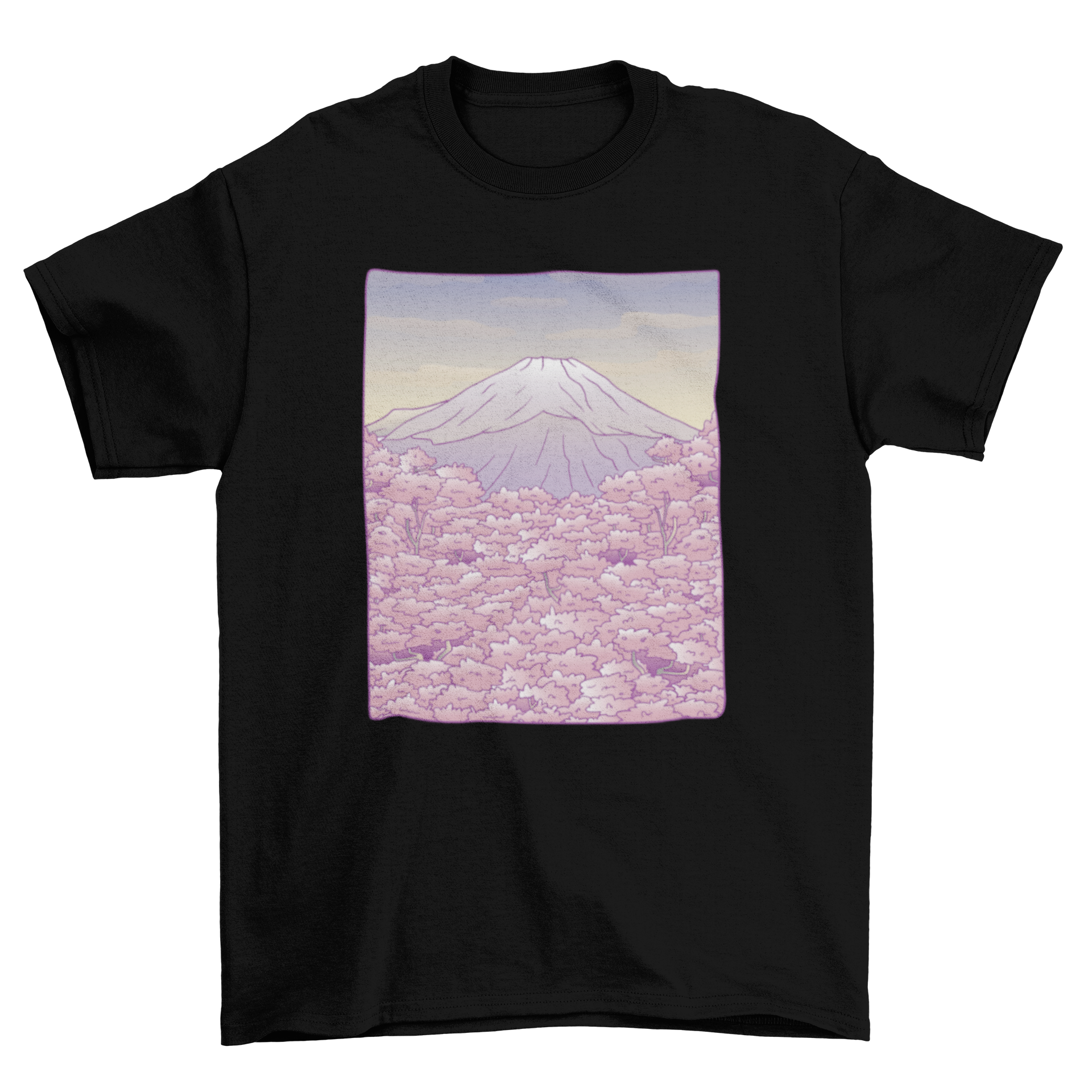 Pastel Mount Fuji t-shirt design featuring sakura trees in a beautiful landscape.