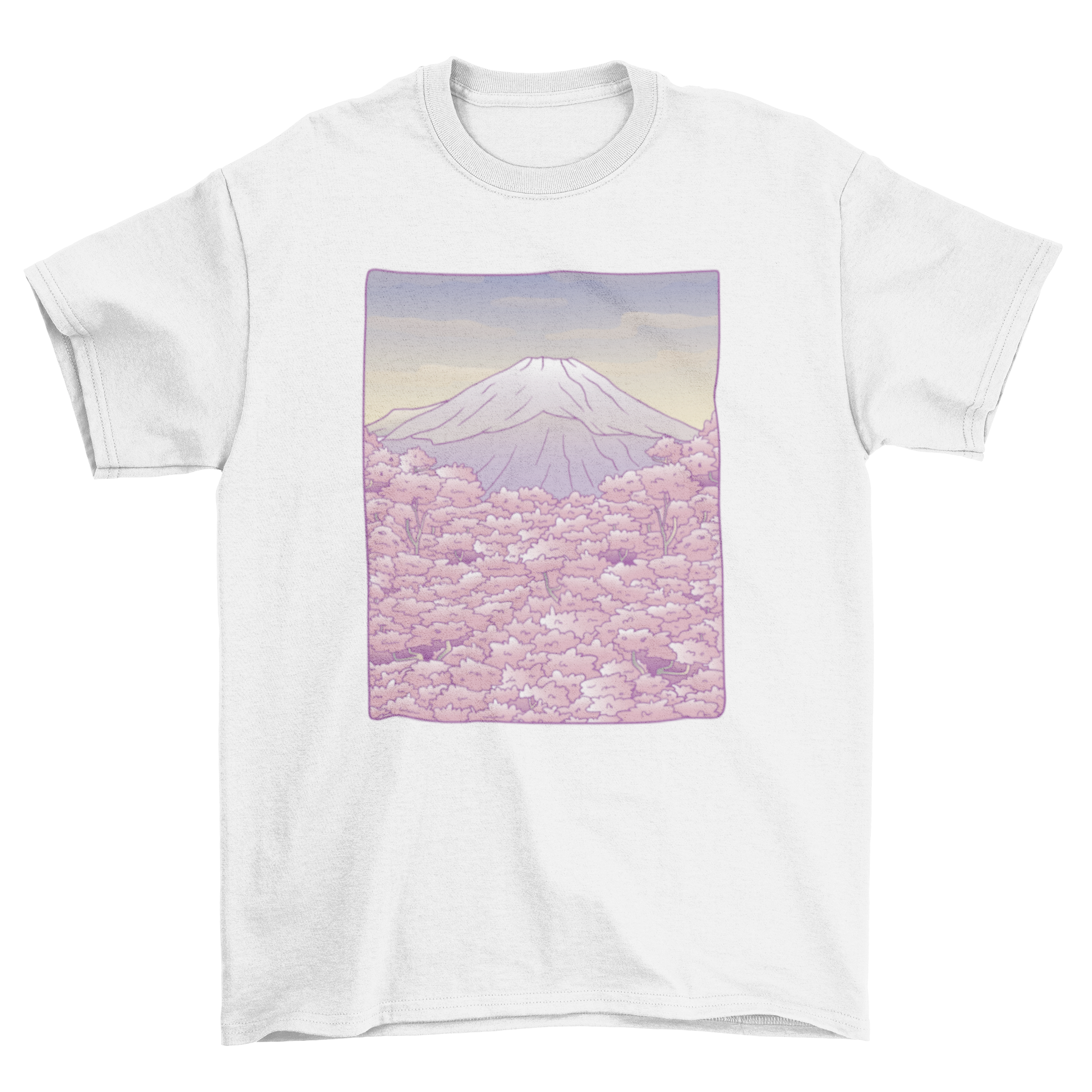 Pastel Mount Fuji t-shirt design featuring sakura trees in a beautiful landscape.
