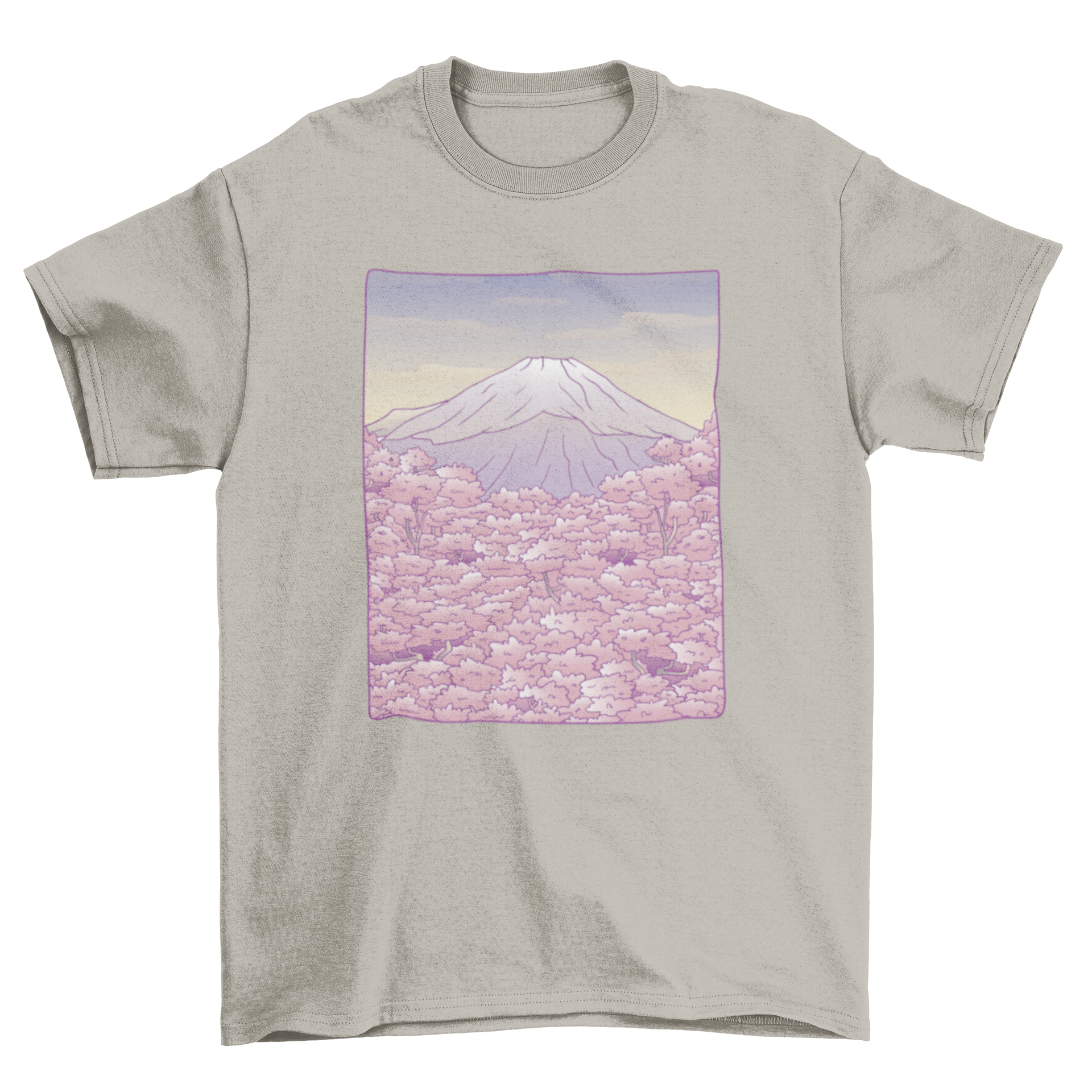 Pastel Mount Fuji t-shirt design featuring sakura trees in a beautiful landscape.