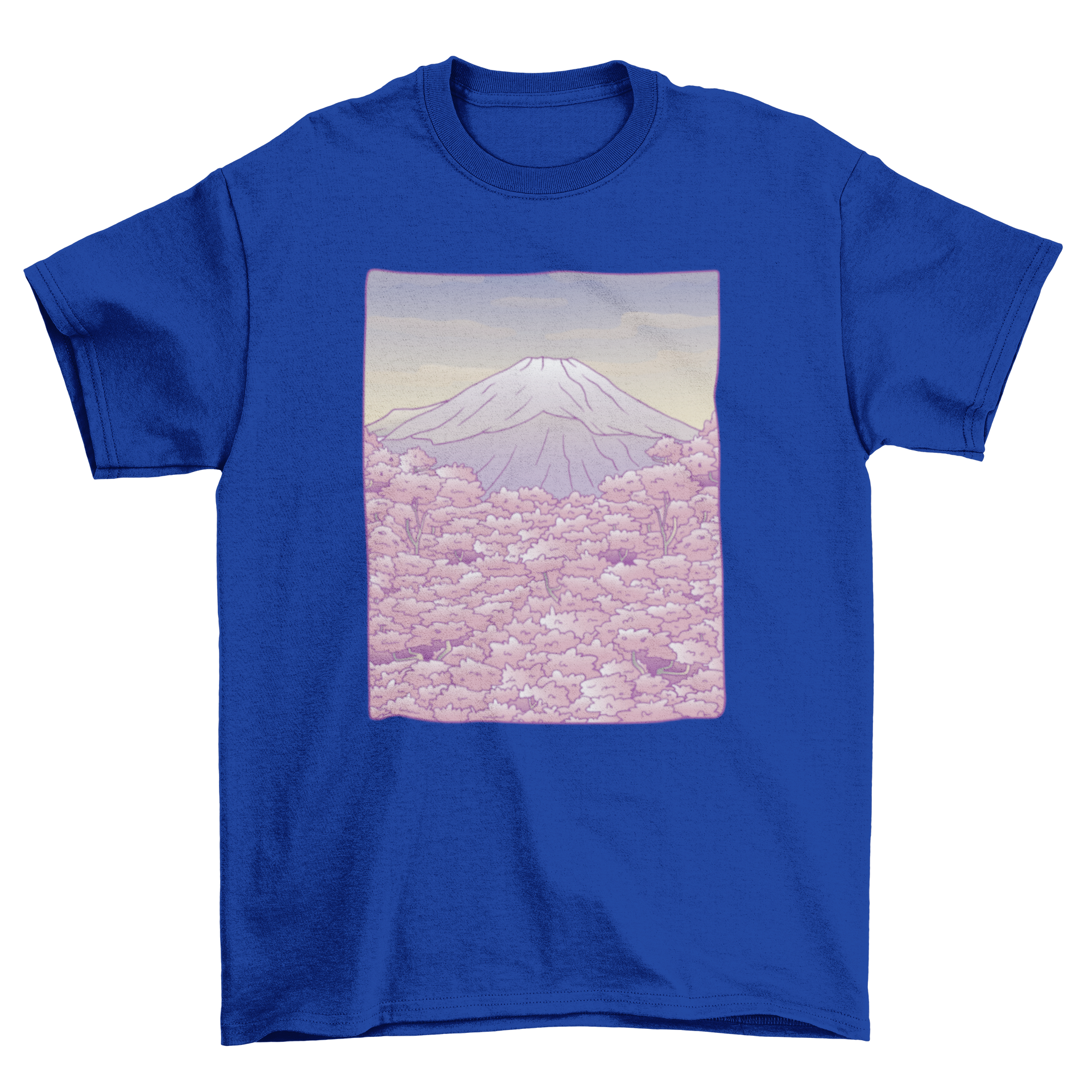 Pastel Mount Fuji t-shirt design featuring sakura trees in a beautiful landscape.