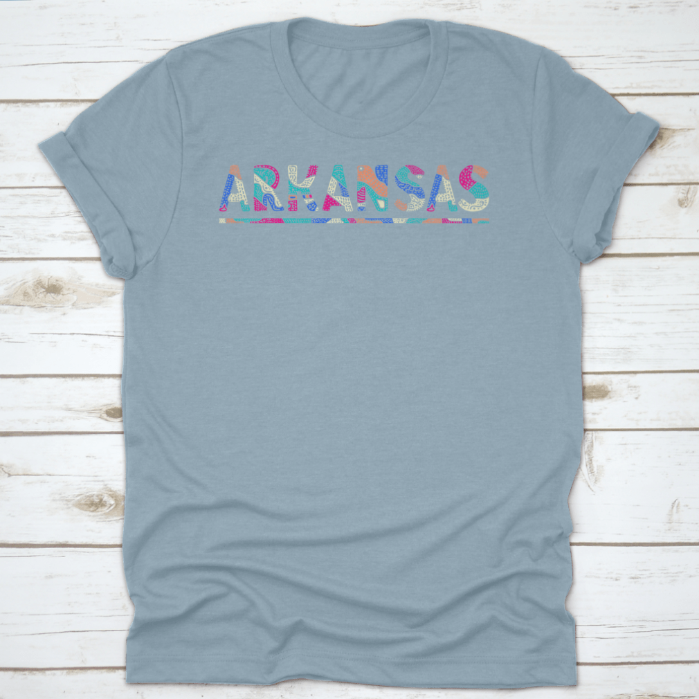 A stylish shirt featuring a multicolor curved doodle design inspired by Arkansas, made from soft cotton fabric.