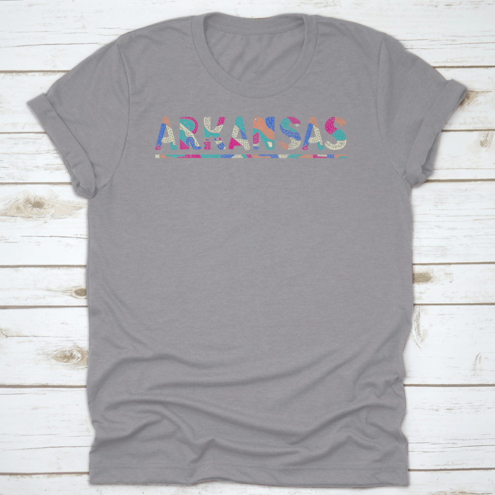 A stylish shirt featuring a multicolor curved doodle design inspired by Arkansas, made from soft cotton fabric.