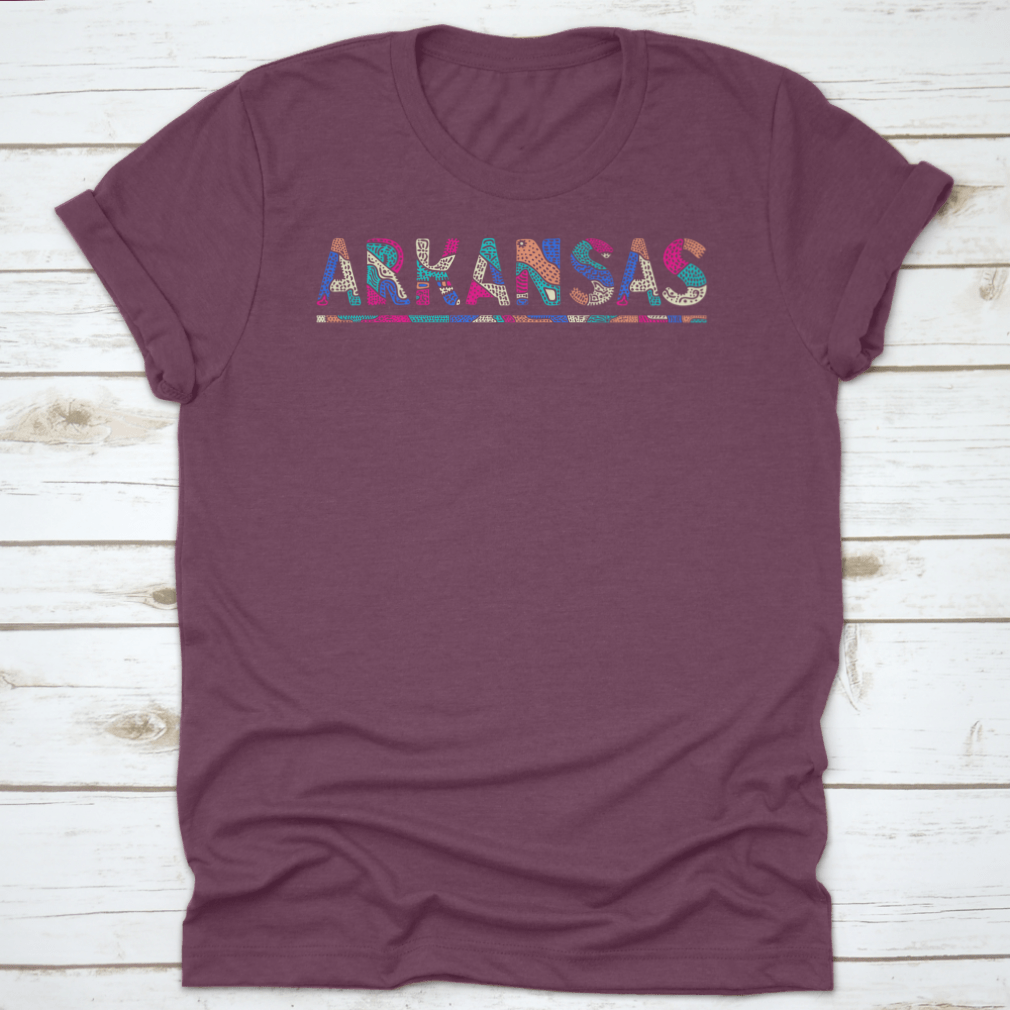 A stylish shirt featuring a multicolor curved doodle design inspired by Arkansas, made from soft cotton fabric.