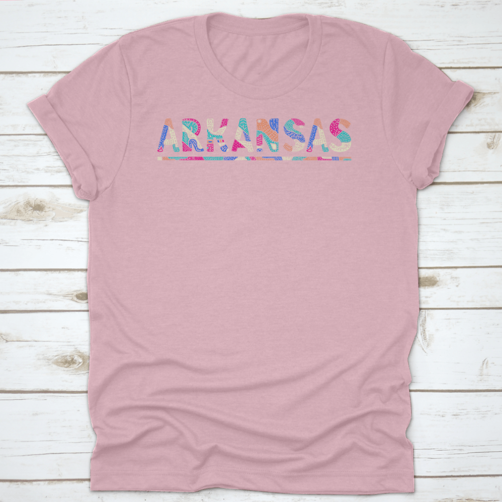 A stylish shirt featuring a multicolor curved doodle design inspired by Arkansas, made from soft cotton fabric.