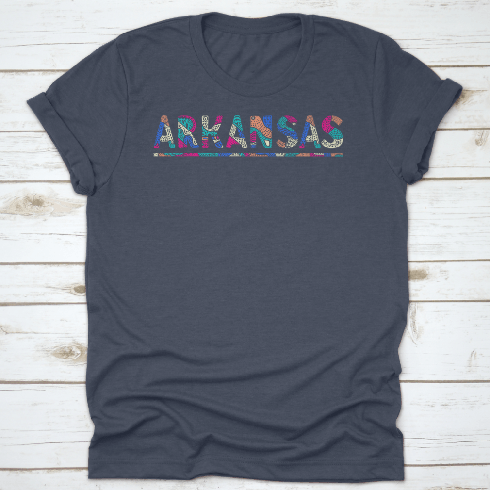 A stylish shirt featuring a multicolor curved doodle design inspired by Arkansas, made from soft cotton fabric.