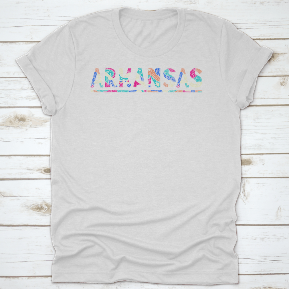 A stylish shirt featuring a multicolor curved doodle design inspired by Arkansas, made from soft cotton fabric.