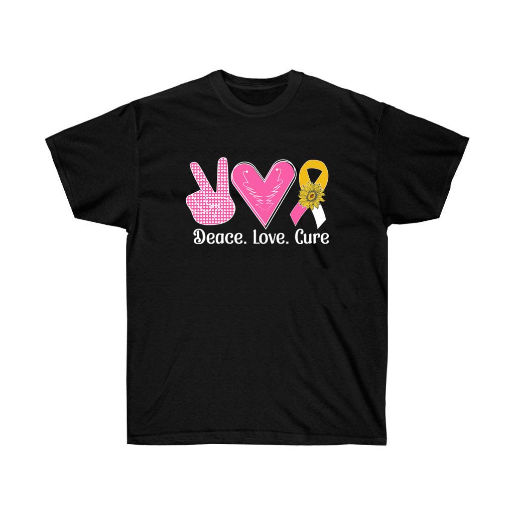 Peace Love Cure T-Shirt in soft cotton, featuring a pink ribbon design for breast cancer awareness.