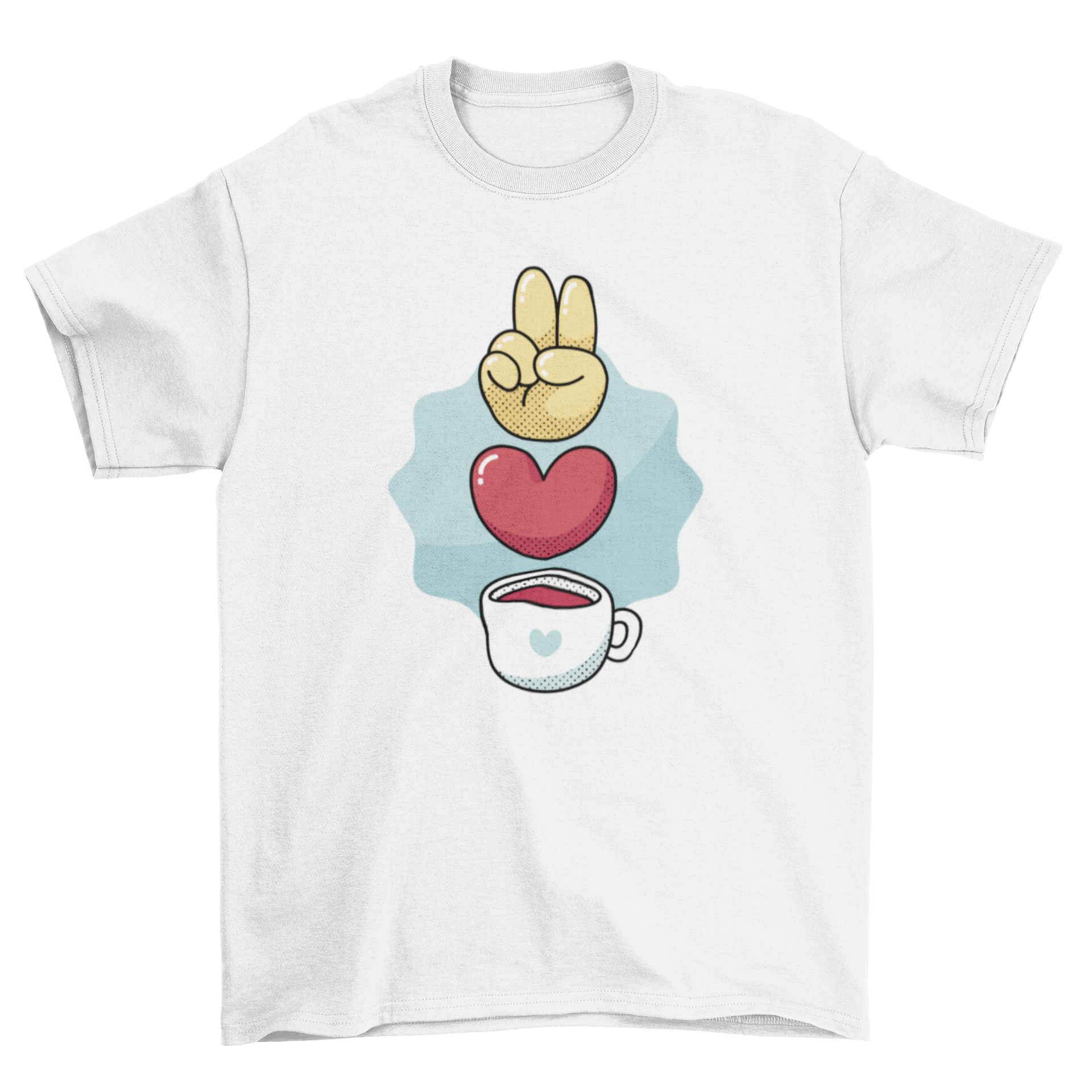 A cute t-shirt featuring a hand making a peace sign with a heart and coffee cup design, perfect for coffee lovers.