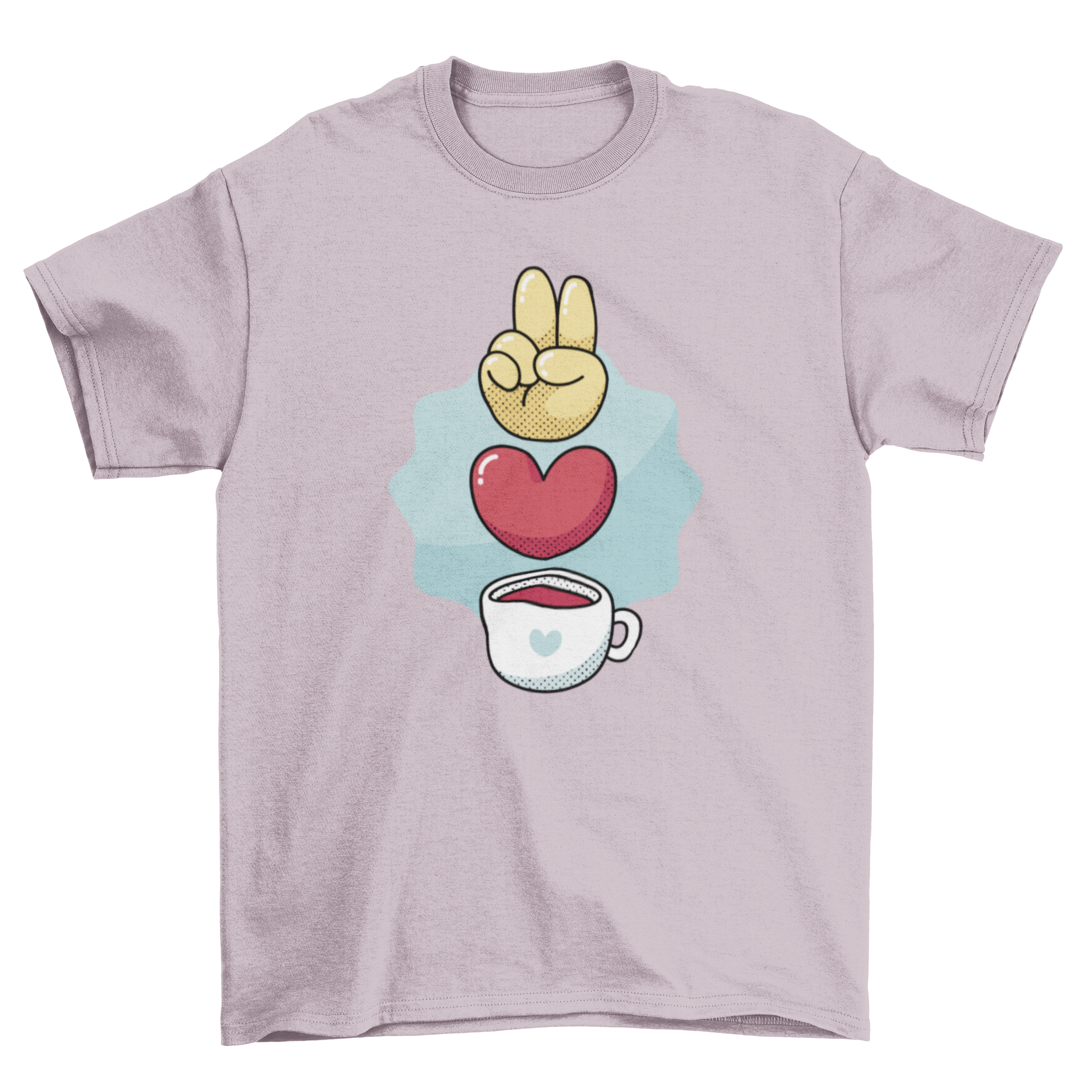 A cute t-shirt featuring a hand making a peace sign with a heart and coffee cup design, perfect for coffee lovers.