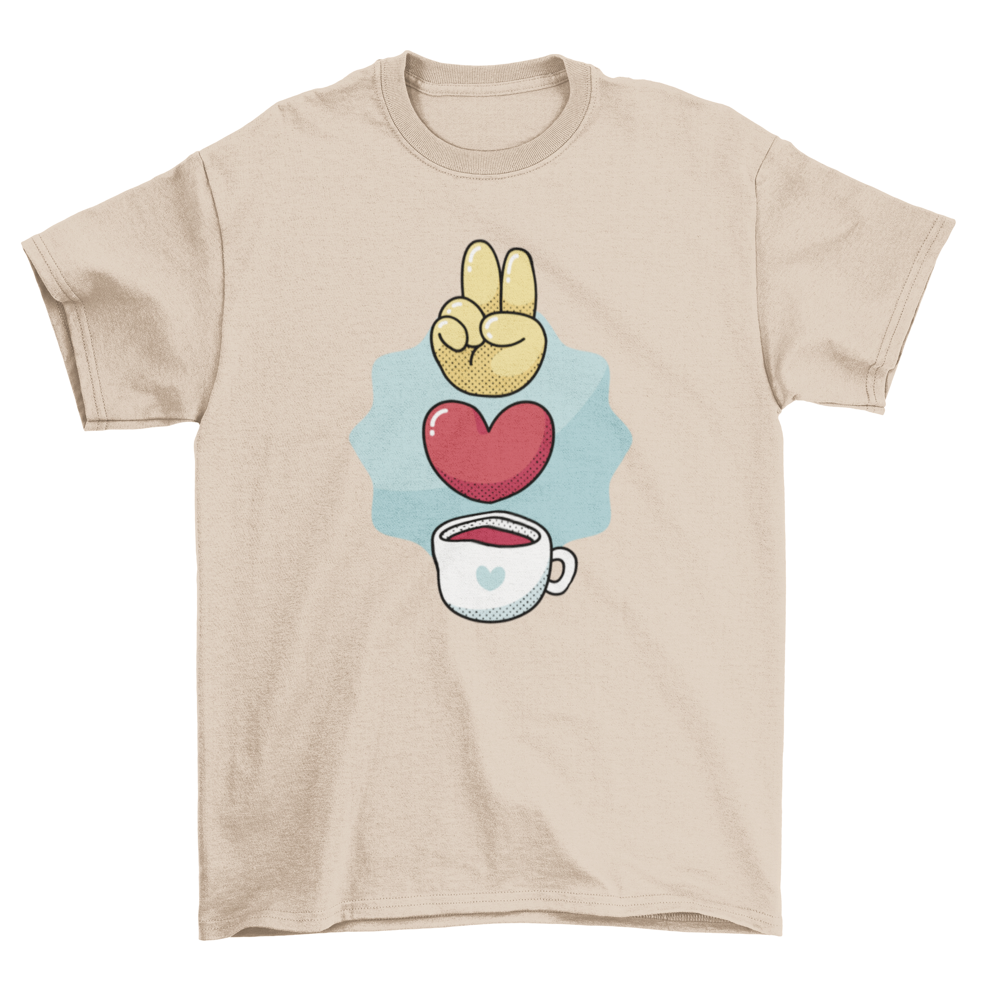 A cute t-shirt featuring a hand making a peace sign with a heart and coffee cup design, perfect for coffee lovers.