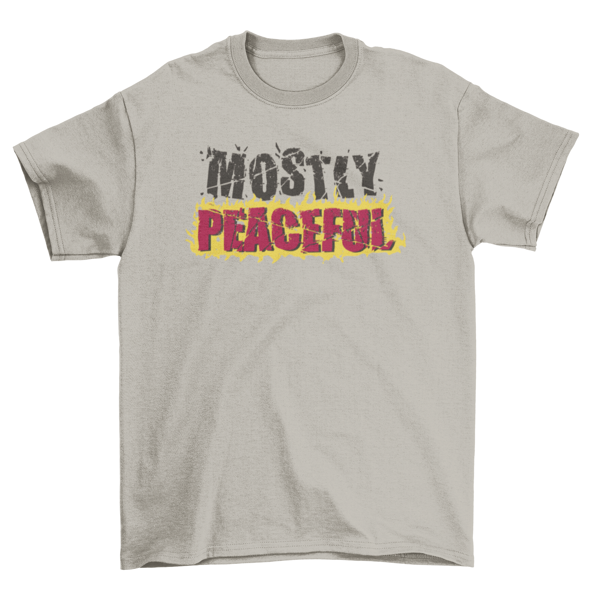 A stylish t-shirt featuring the quote 'Mostly Peaceful' in flames, showcasing a bold and artistic design.