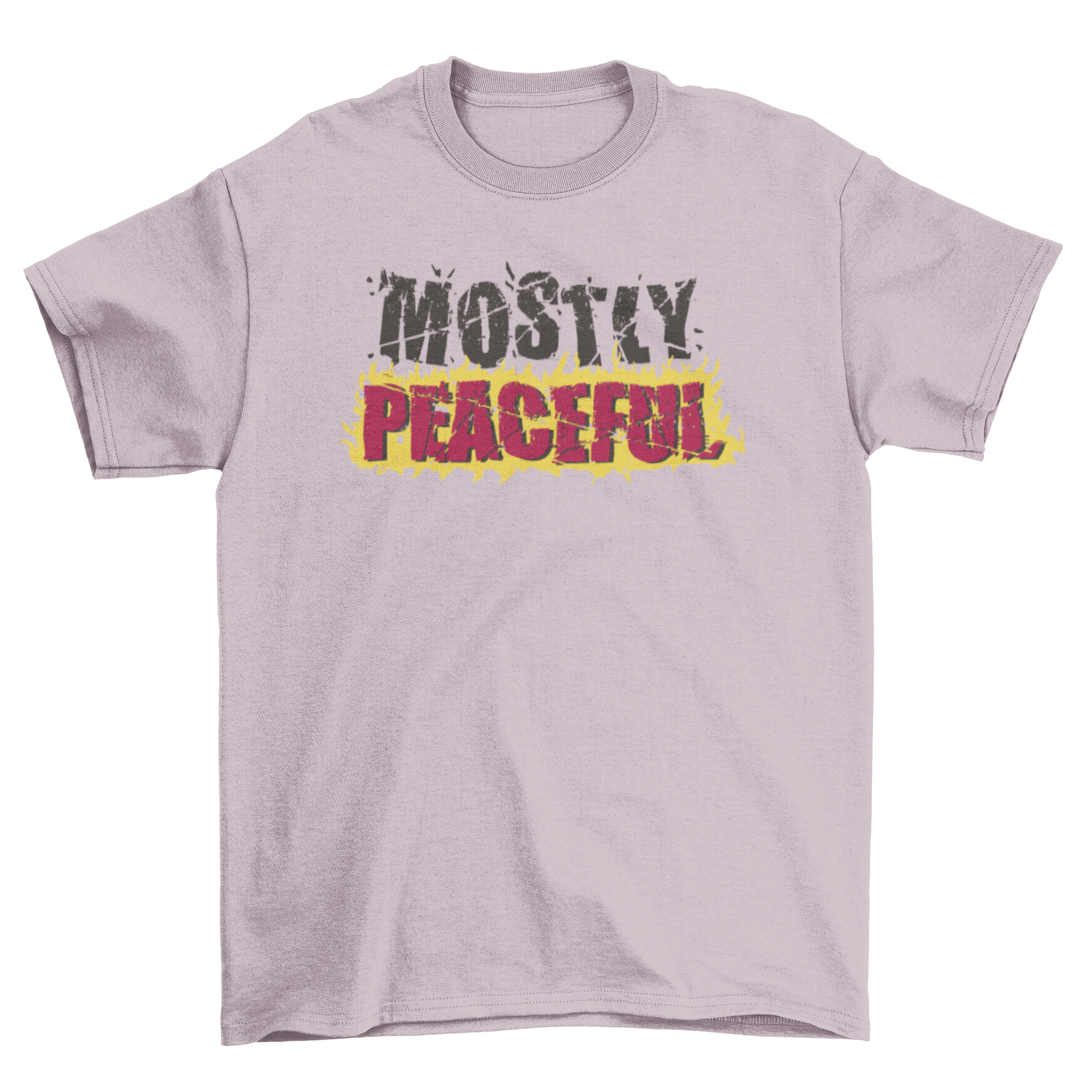 A stylish t-shirt featuring the quote 'Mostly Peaceful' in flames, showcasing a bold and artistic design.