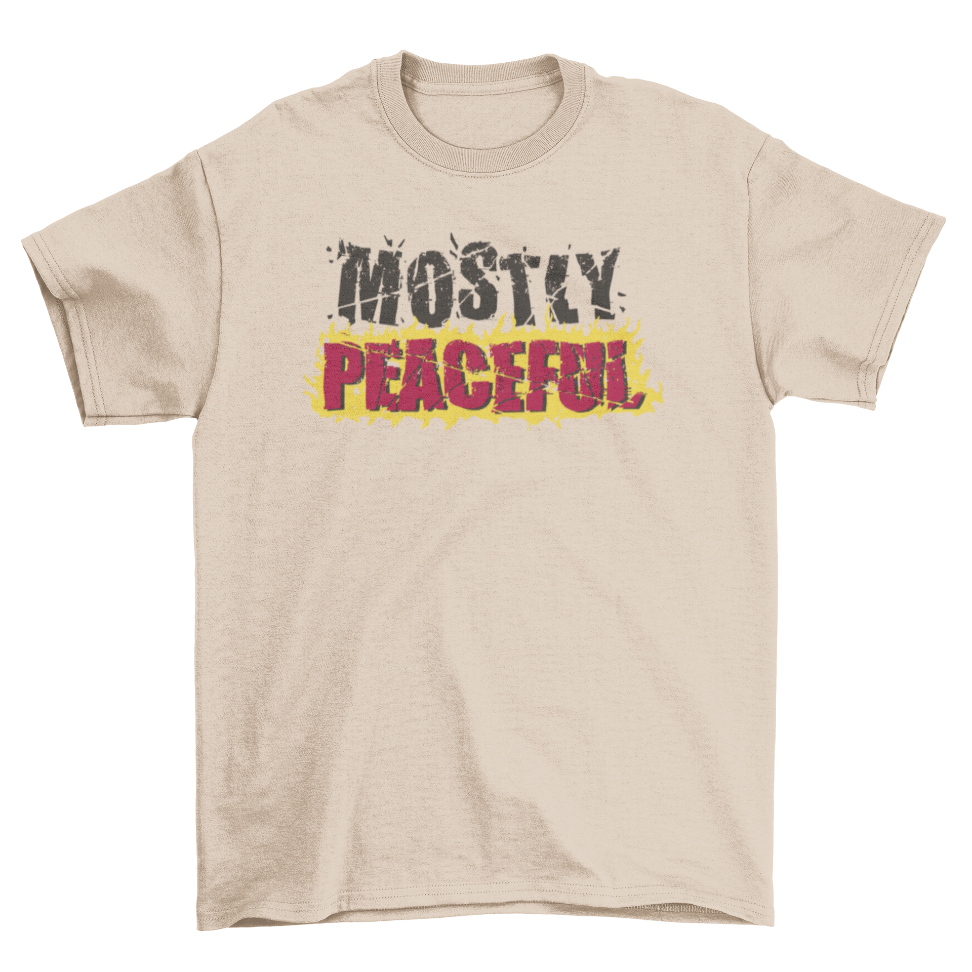 A stylish t-shirt featuring the quote 'Mostly Peaceful' in flames, showcasing a bold and artistic design.