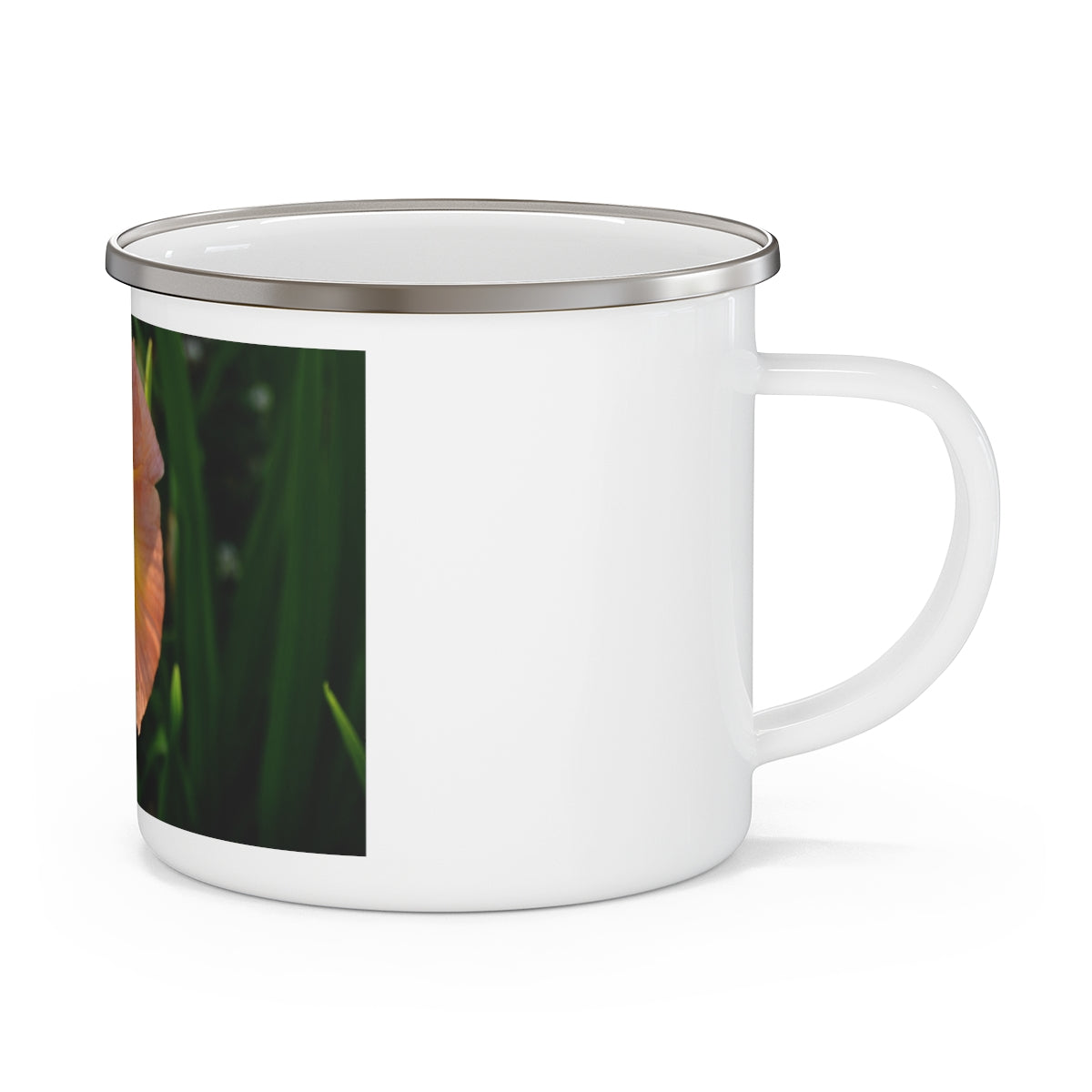 Peach and yellow flower enamel camping mug with a C-handle, perfect for outdoor adventures.