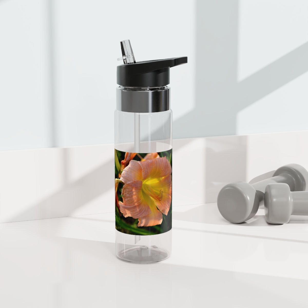 Peach and Yellow Flower Kensington Tritan™ Sport Bottle, 20oz with a stylish floral design and carabiner hook.