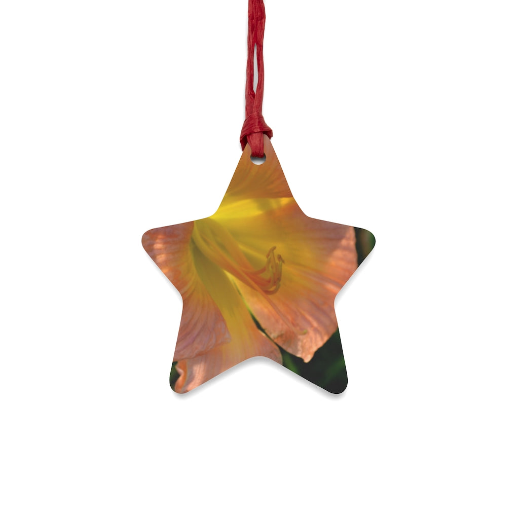 Peach and yellow flower wooden Christmas ornaments with red ribbons, showcasing whimsical shapes and a rustic design.