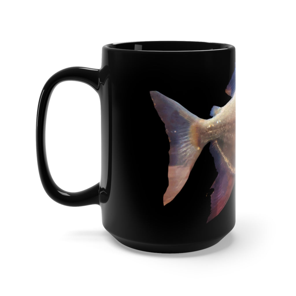 Peach Fish Black Mug 15oz featuring a sleek black ceramic design with rounded corners and a comfortable C-handle.