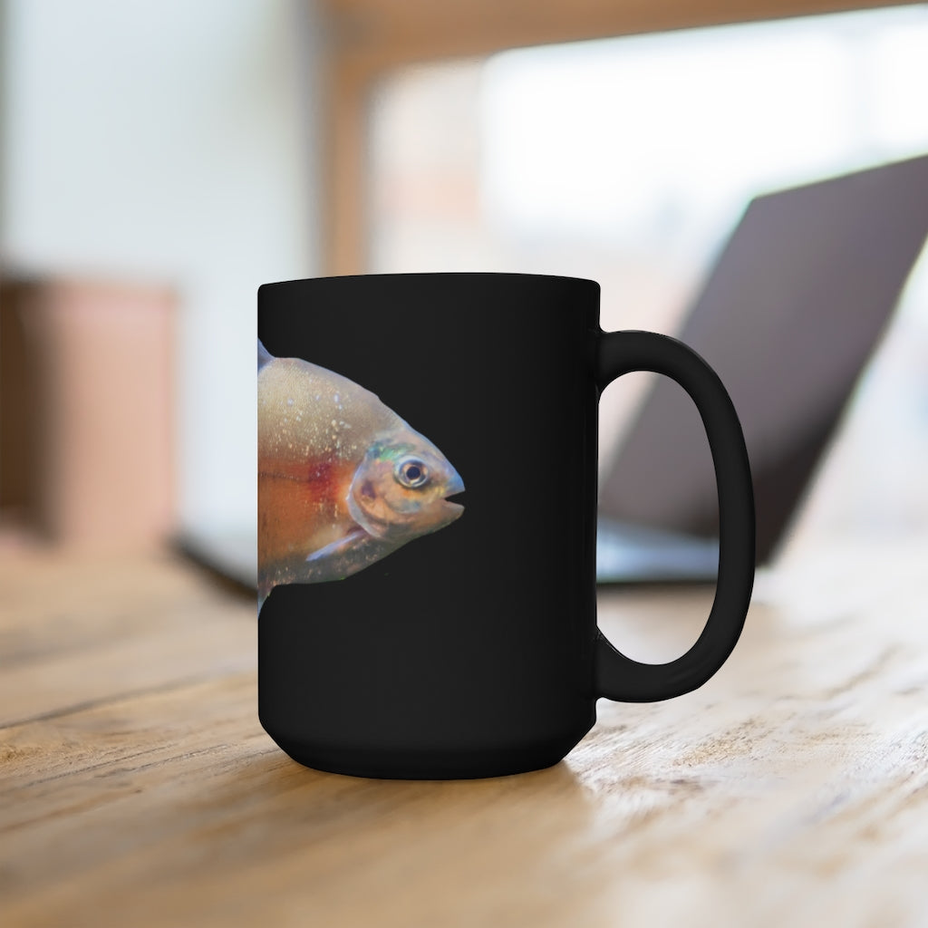 Peach Fish Black Mug 15oz featuring a sleek black ceramic design with rounded corners and a comfortable C-handle.