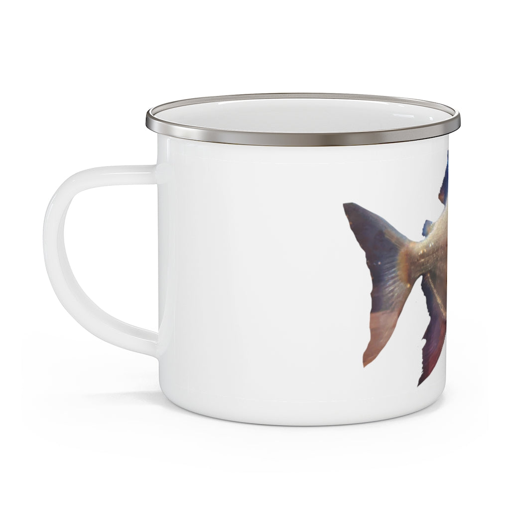 Peach Fish Enamel Camping Mug with a stylish design, featuring a C-handle and durable enamel coating, perfect for outdoor adventures.