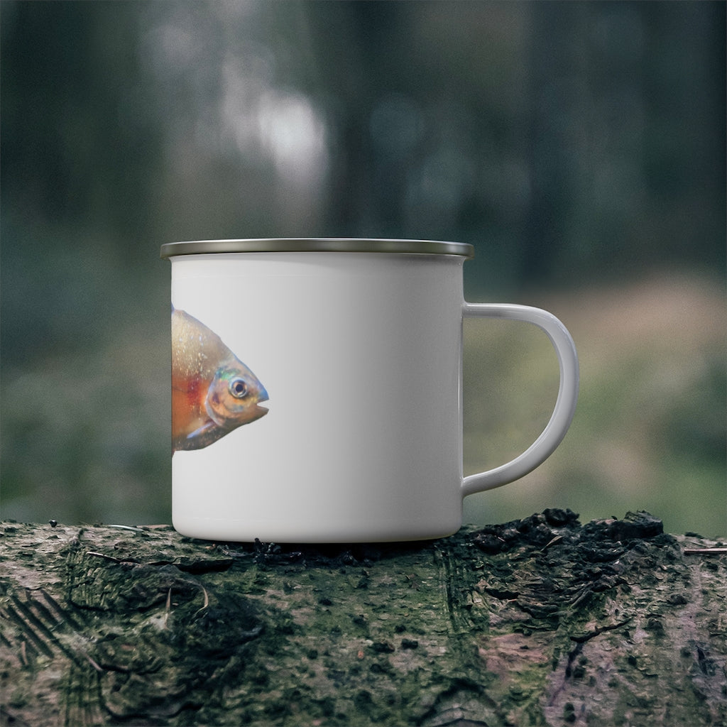 Peach Fish Enamel Camping Mug with a stylish design, featuring a C-handle and durable enamel coating, perfect for outdoor adventures.