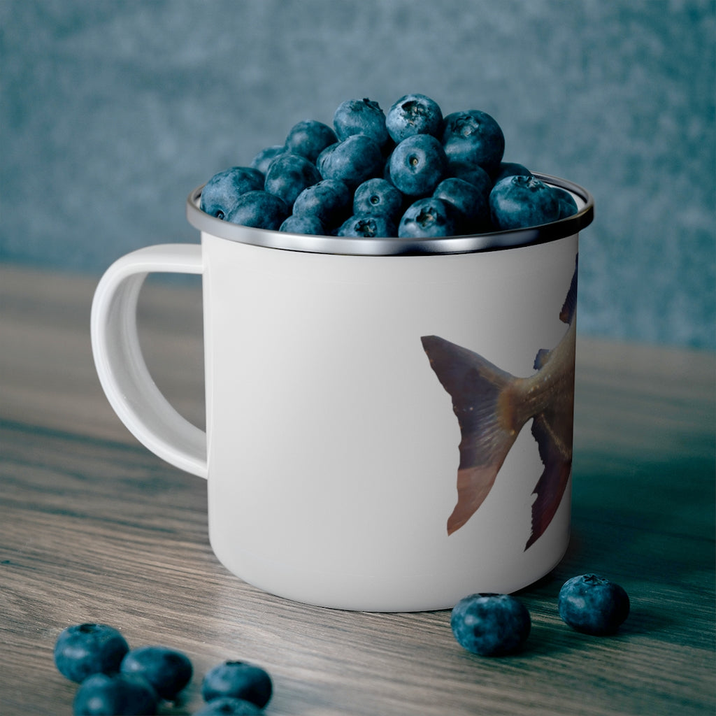 Peach Fish Enamel Camping Mug with a stylish design, featuring a C-handle and durable enamel coating, perfect for outdoor adventures.