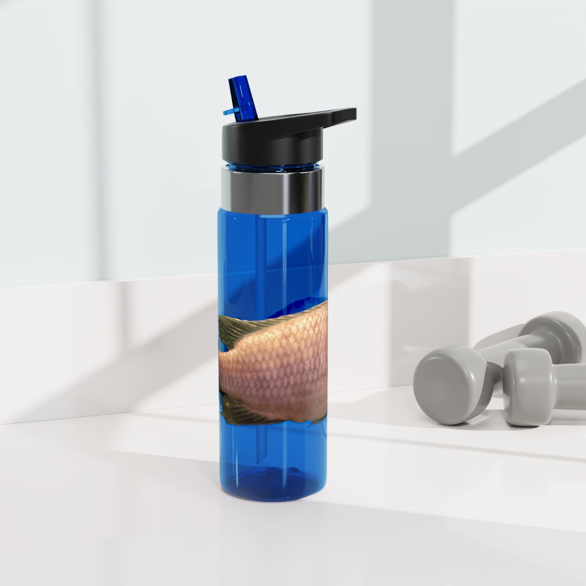 Peach Fish Kensington Tritan™ Sport Bottle, 20oz, featuring a screw-on lid, straw, and carabiner hook, ideal for hydration on the go.