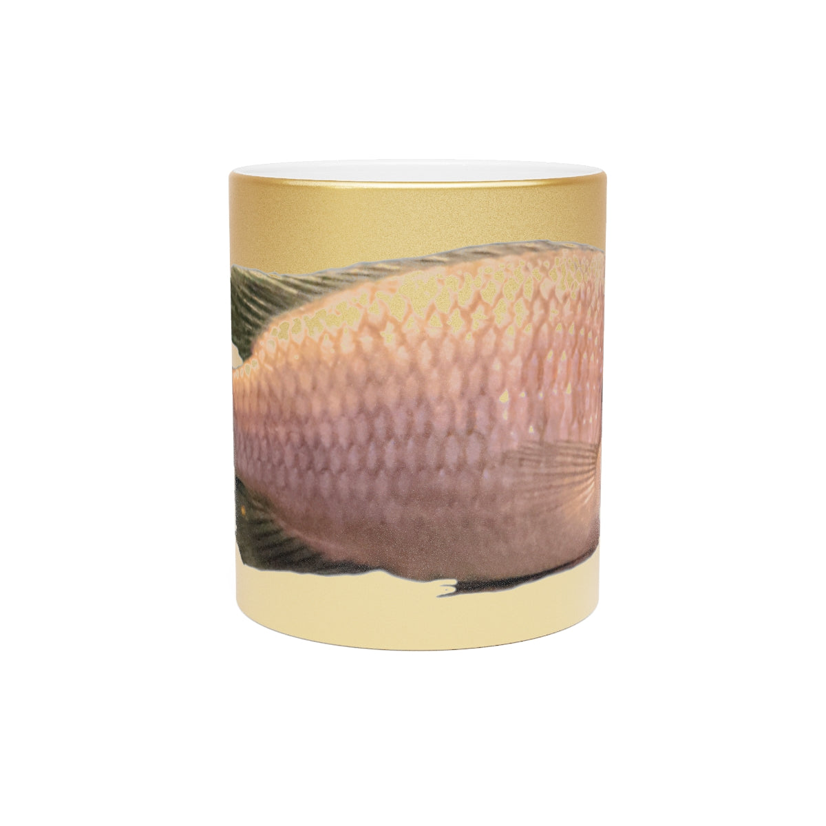 Peach Fish Metallic Mug in Gold and Silver finishes, showcasing a personalized design option on a ceramic surface.