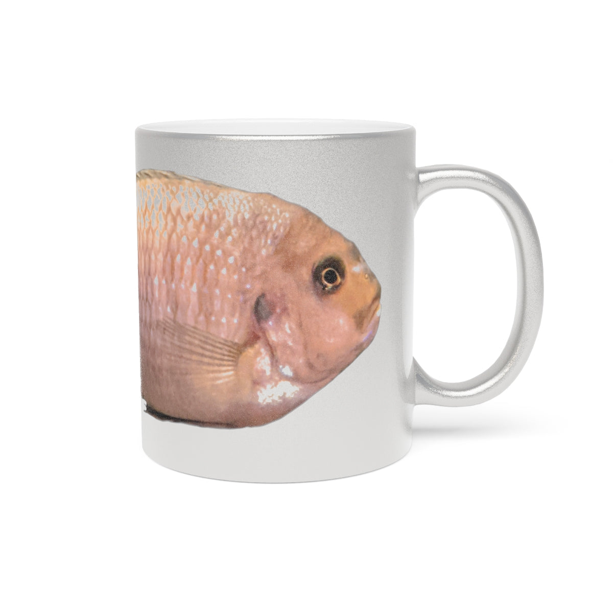 Peach Fish Metallic Mug in Gold and Silver finishes, showcasing a personalized design option on a ceramic surface.